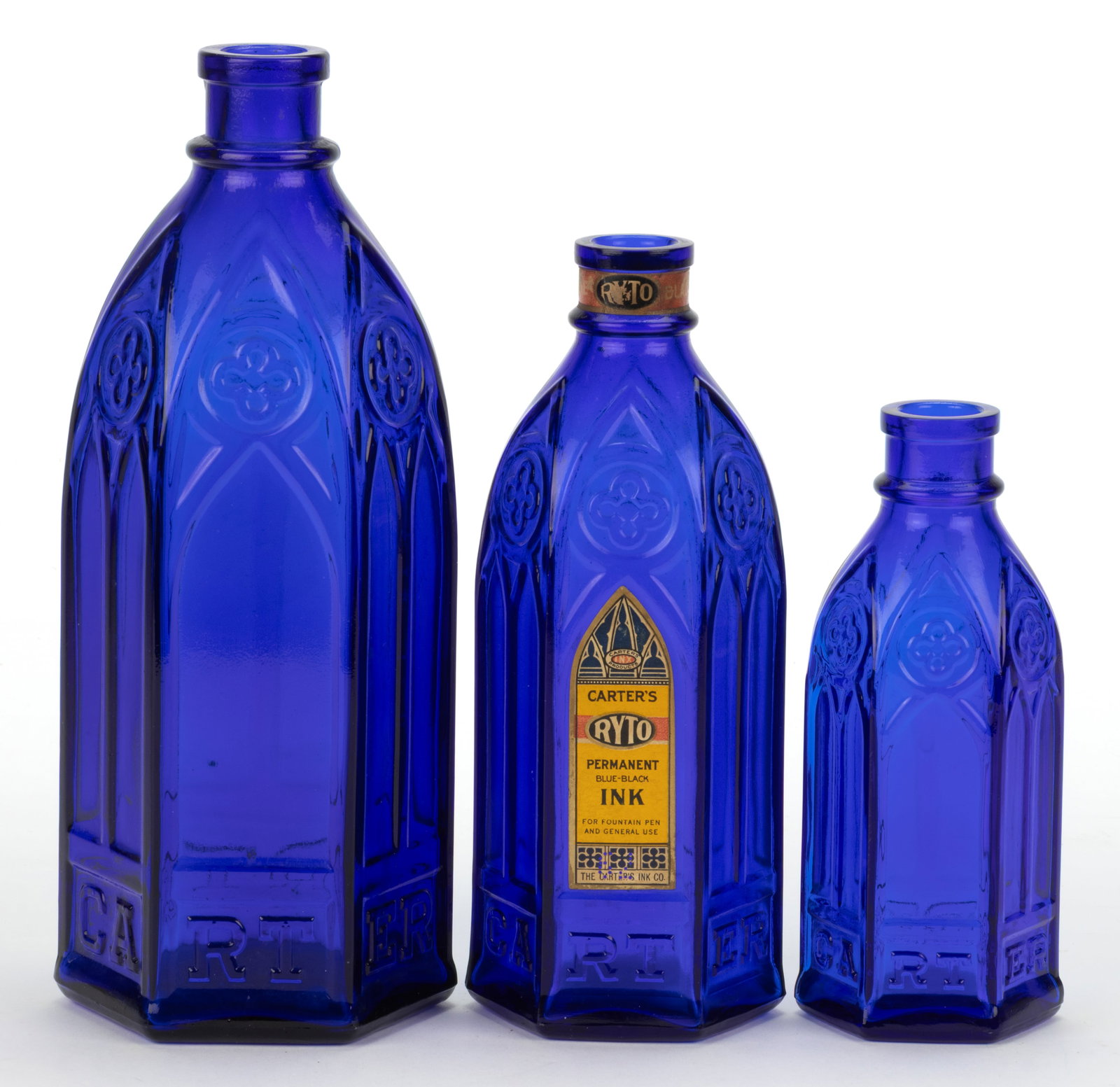 CARTER'S CATHEDRAL MASTER INK BOTTLES, LOT OF THREE: CARTER'S CATHEDRAL MASTER INK BOTTLES, LOT OF THREE, cobalt blue, comprising half-pint, pint, and quart sizes, each octagonal form with "CARTER" embossed twice around