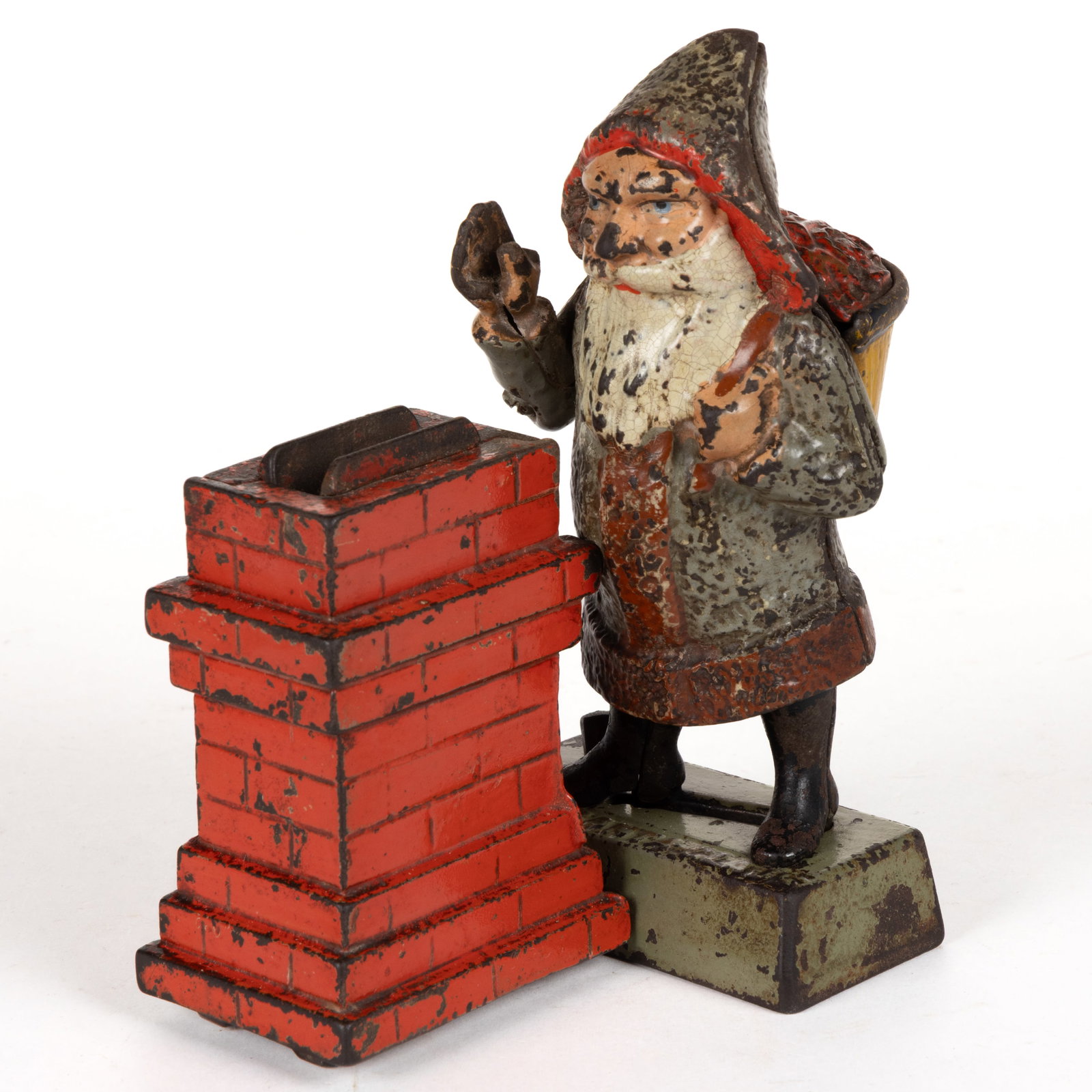 SANTA CLAUS CAST-IRON MECHANICAL BANK: SANTA CLAUS CAST-IRON MECHANICAL BANK, marked to underside of base "PAT OCT 15 1889", retaining original painted surface. Shepard Hardware Co., Buffalo, NY. Circa 1890. 6" HOA, 4 1/8&qu