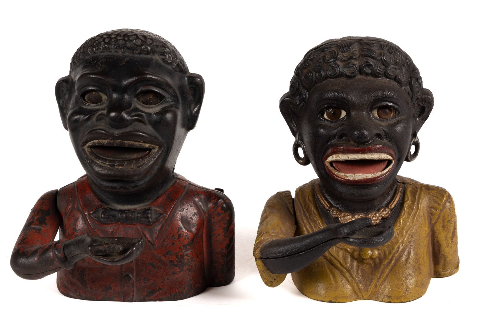 BLACK AMERICANA CAST-IRON MECHANICAL BANKS, LOT OF TWO: BLACK AMERICANA CAST-IRON MECHANICAL BANKS, LOT OF TWO, each of similar form, comprising a male example marked on the underside "PAT'D IN CANADA / MAR 27 1883 / MADE BY / SHEPARD HARDWARE / C