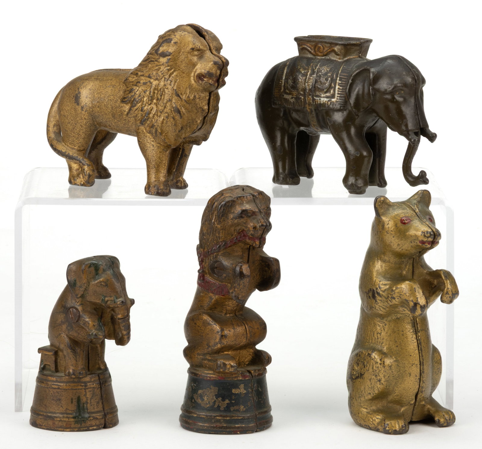 ASSORTED A.C. WILLIAMS ATTRIBUTED CAST-IRON FIGURAL ANIMAL STILL BANKS, LOT OF FIVE (1 of 2)