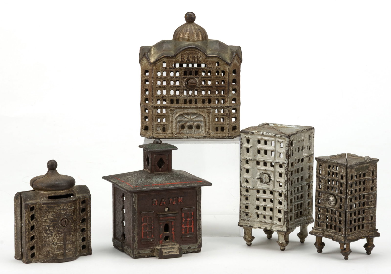 ASSORTED STEVENS AND WILLIAMS CAST-IRON FIGURAL BUILDING / STRUCTURES SAFE STILL BANKS, LOT OF FIVE (1 of 2)