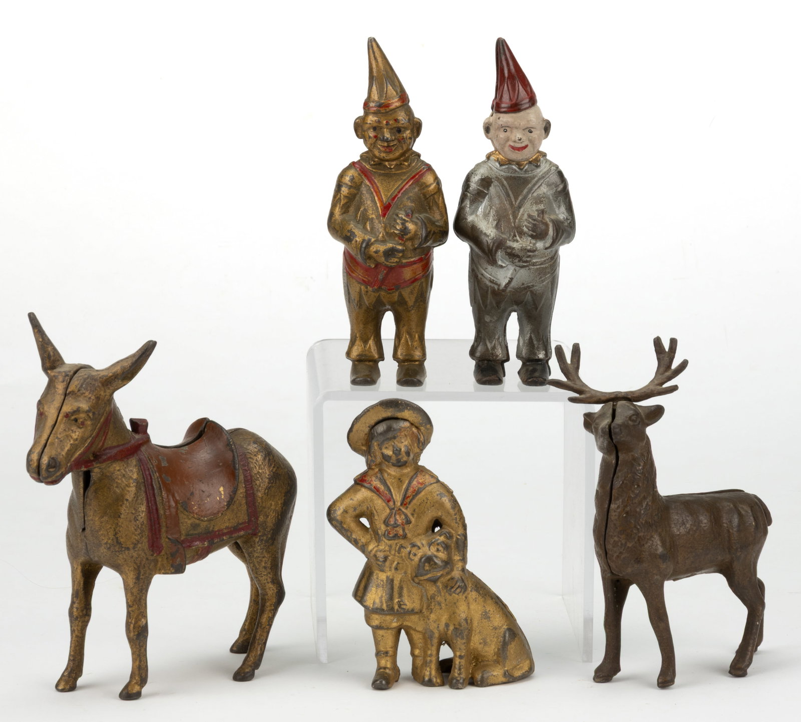 ASSORTED A. C. WILLIAMS CAST-IRON FIGURAL ANIMAL AND PEOPLE SAFE STILL BANKS, LOT OF FIVE (1 of 2)