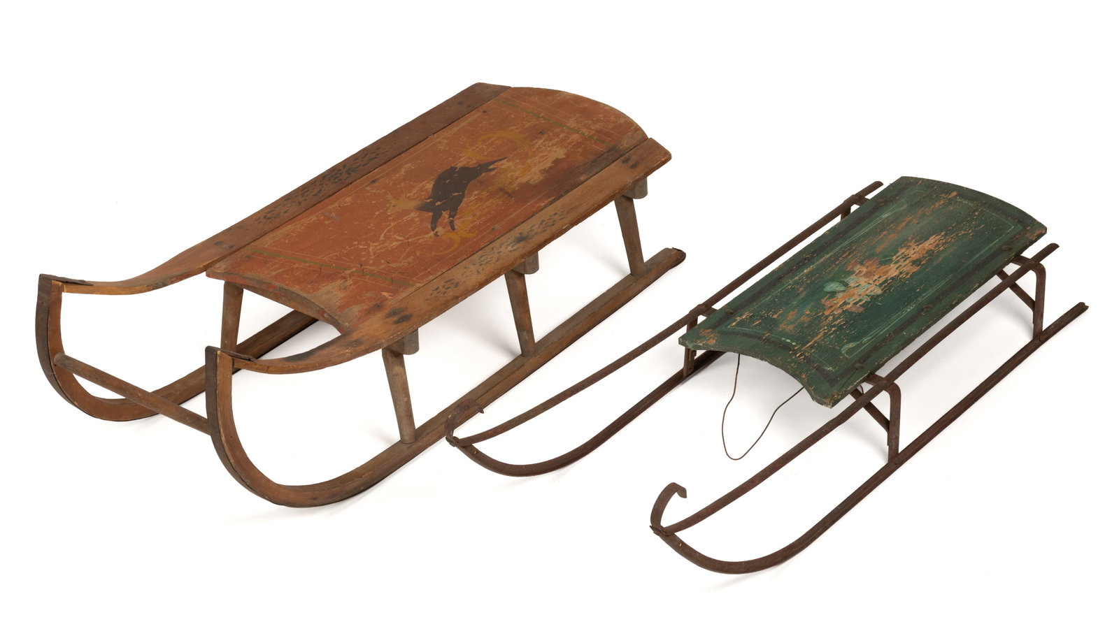 AMERICAN PAINTED WOOD AND IRON CHILDREN'S SLEDS, LOT OF TWO (1 of 3)