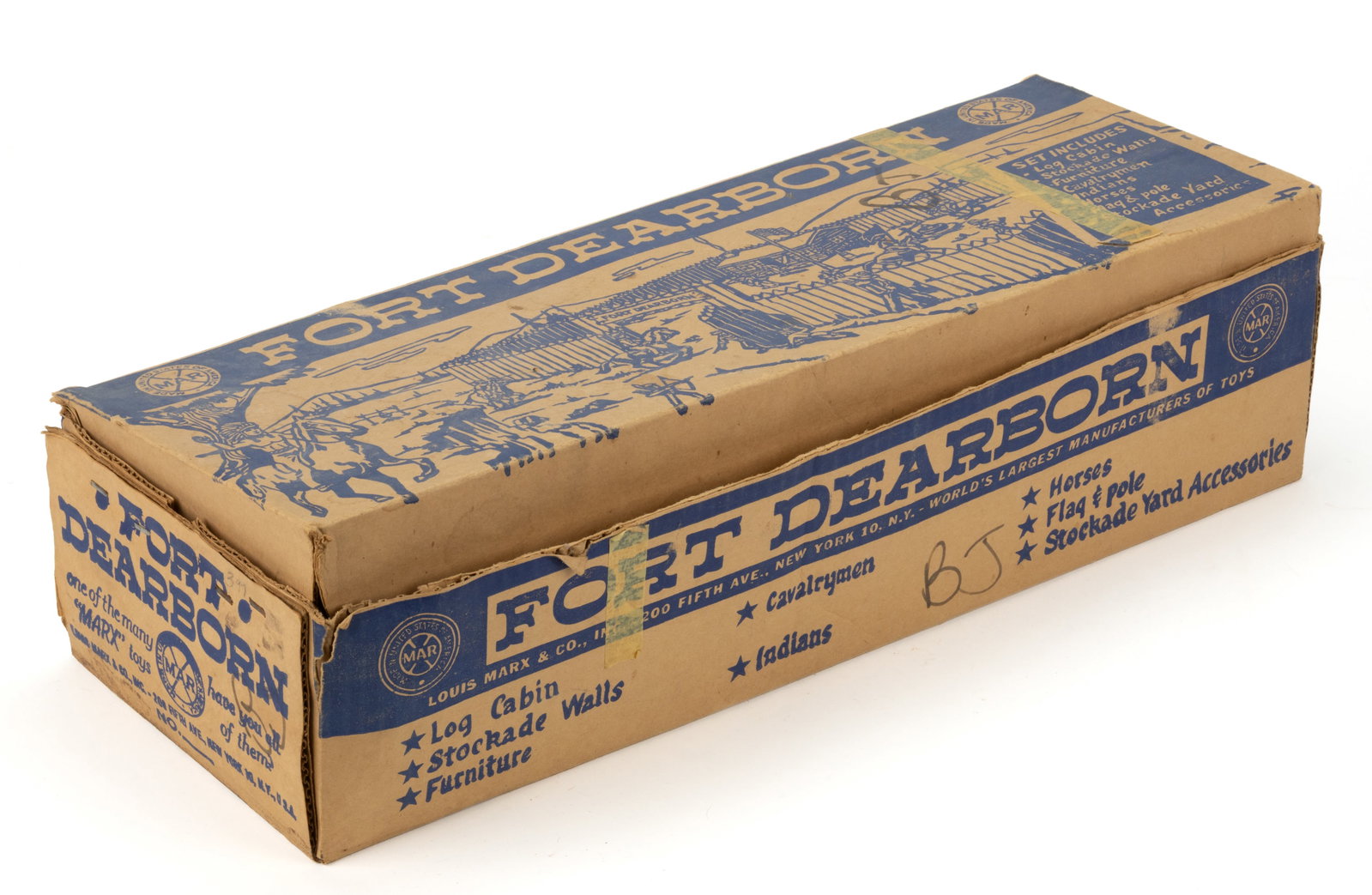 VINTAGE MARX NO. 3514 "FORT DEARBORN" TIN LITHOGRAPH TOY SET: VINTAGE MARX NO. 3514 "FORT DEARBORN" TIN LITHOGRAPH TOY SET, comprising of a tin lithograph cabin and stockade yard labeled "FORT DEARBORN". Fitted with various figural plast