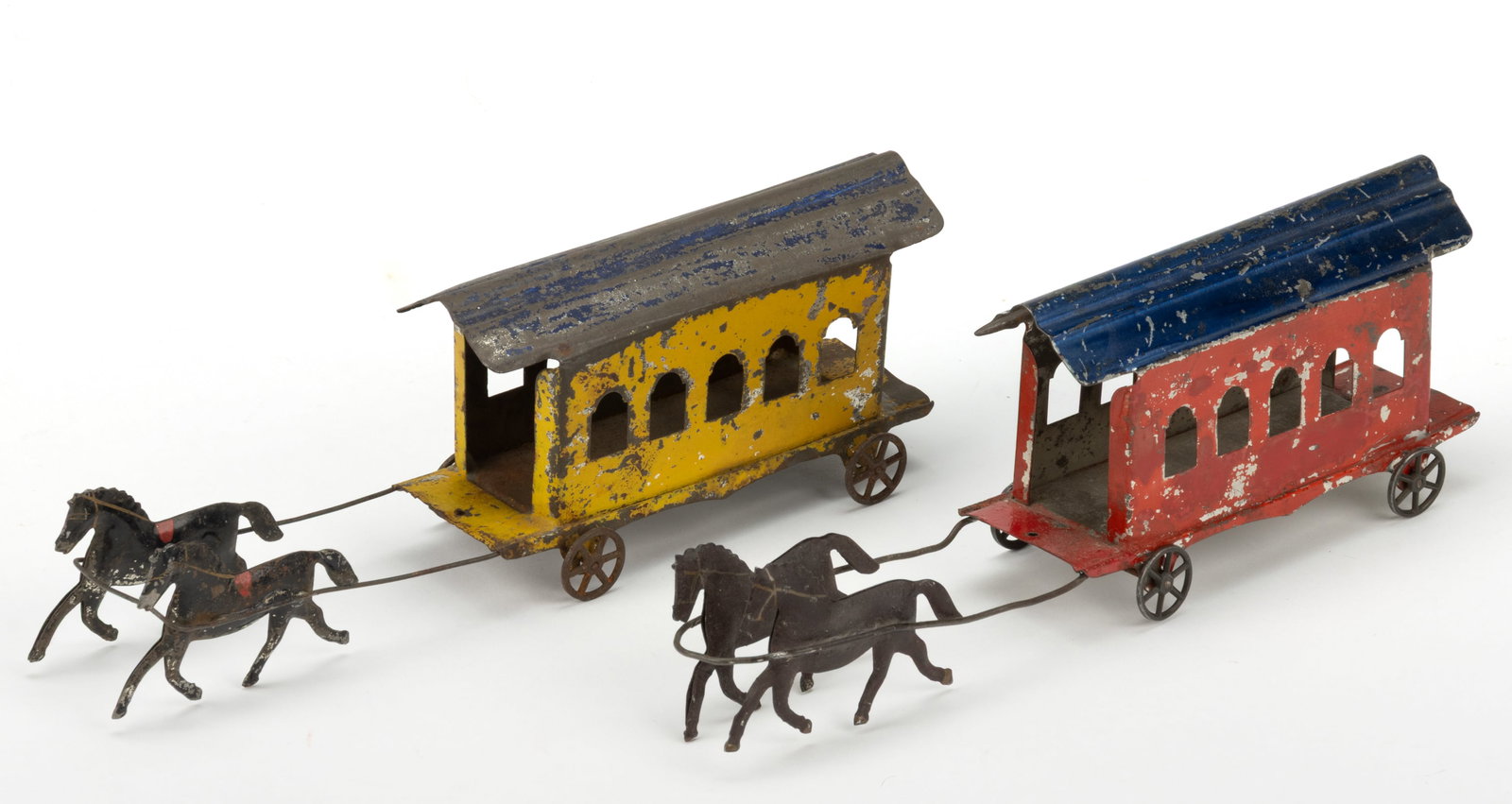 JAMES FALLOWS AND SONS PAINTED TIN HORSE-DRAWN TROLLEY TOYS, LOT OF TWO (1 of 2)