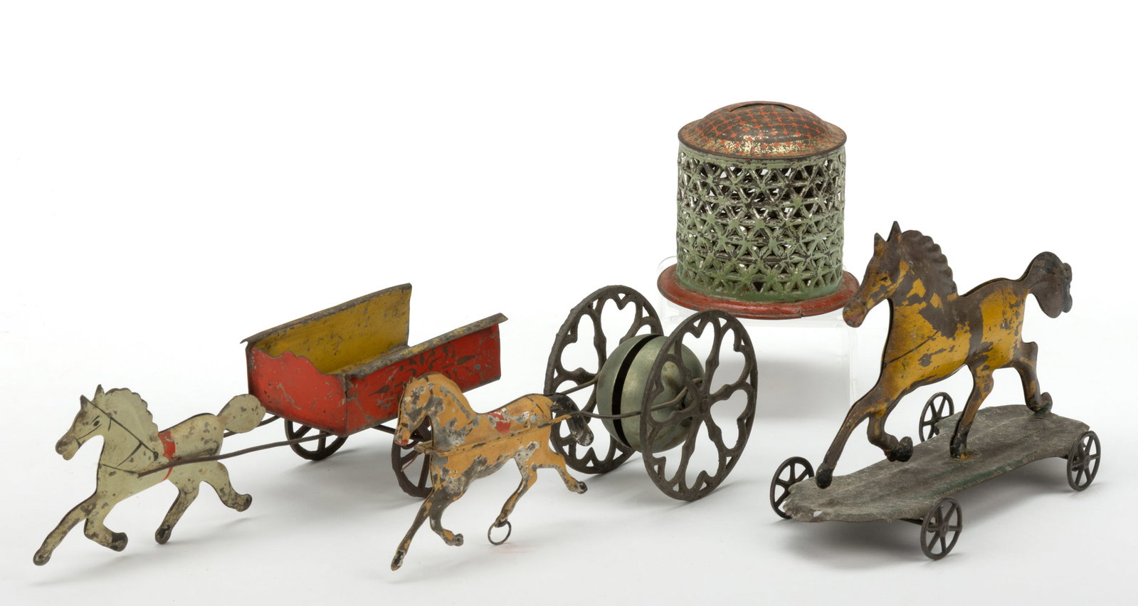 ASSORTED PAINTED TIN HORSE AND OTHER BANKS AND TOYS, LOT OF FOUR (1 of 2)
