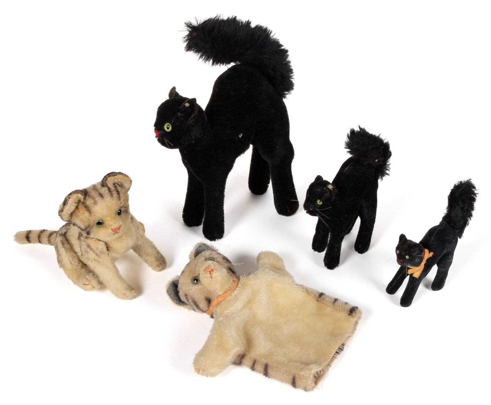 ASSORTED VINTAGE GERMAN STEIFF STUFFED CATS, LOT OF FIVE (1 of 2)