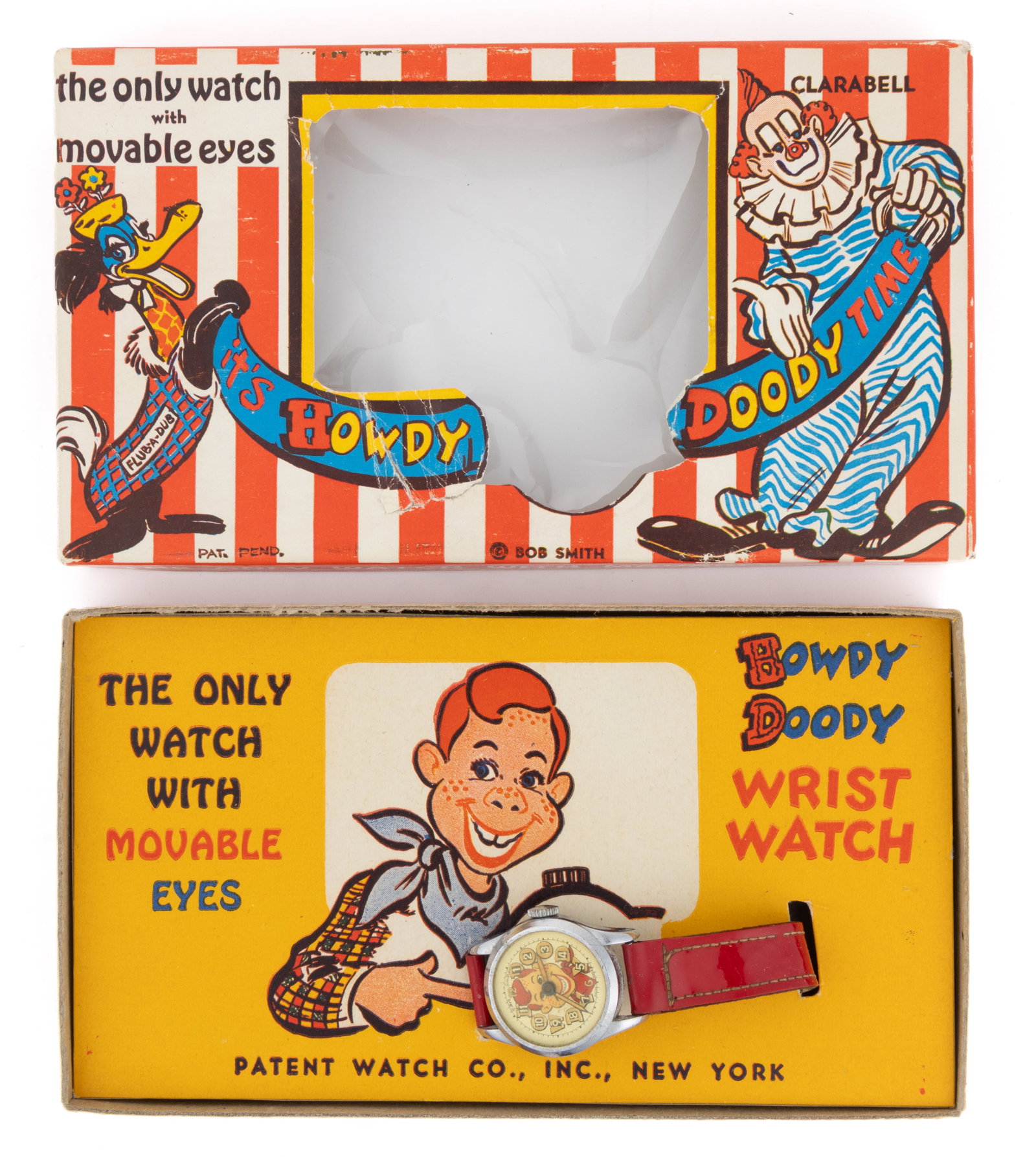 HOWDY DOODY WRIST WATCH, PATENT WATCH CO., INC. IN ORIGINAL BOX: HOWDY DOODY WRIST WATCH, PATENT WATCH CO., INC. IN ORIGINAL BOX, round face featuring Howdy Doody with movable eyes with a plated-metal case, retains likely original band. The original box with Fluba-