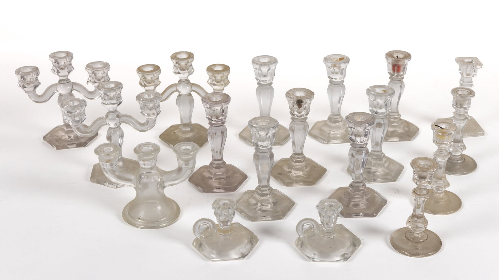 ASSORTED HEISEY AND OTHER PRESSED GLASS TOY CANDLESTICKS, LOT OF 18 (1 of 1)