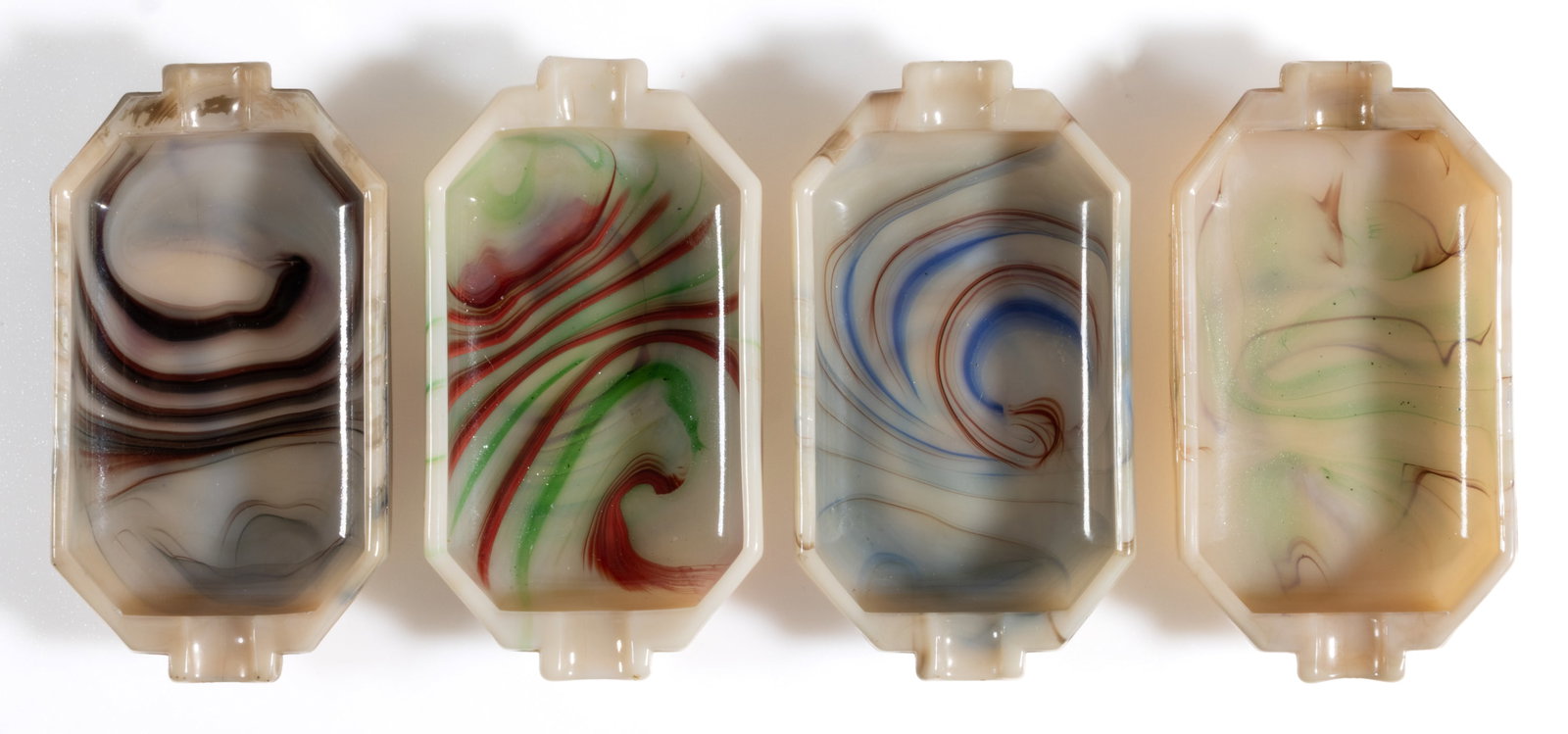 AKRO AGATE SWIRL GLASS TAB ASHTRAYS, LOT OF FOUR (1 of 1)