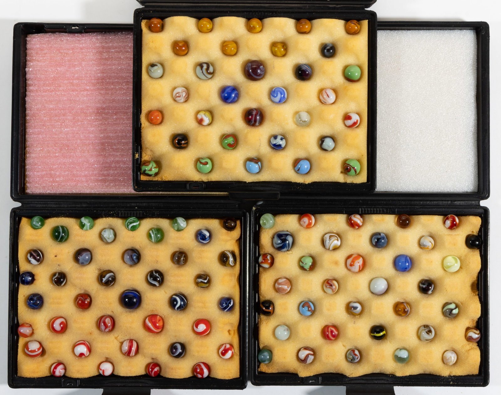 ASSORTED CHRISTENSEN GLASS MARBLES, LOT OF 103: ASSORTED CHRISTENSEN GLASS MARBLES, LOT OF 103, various colors and combinations, including amber, green, cobalt blue, and purple slags, some with pinch pontil, American Agate, and four&