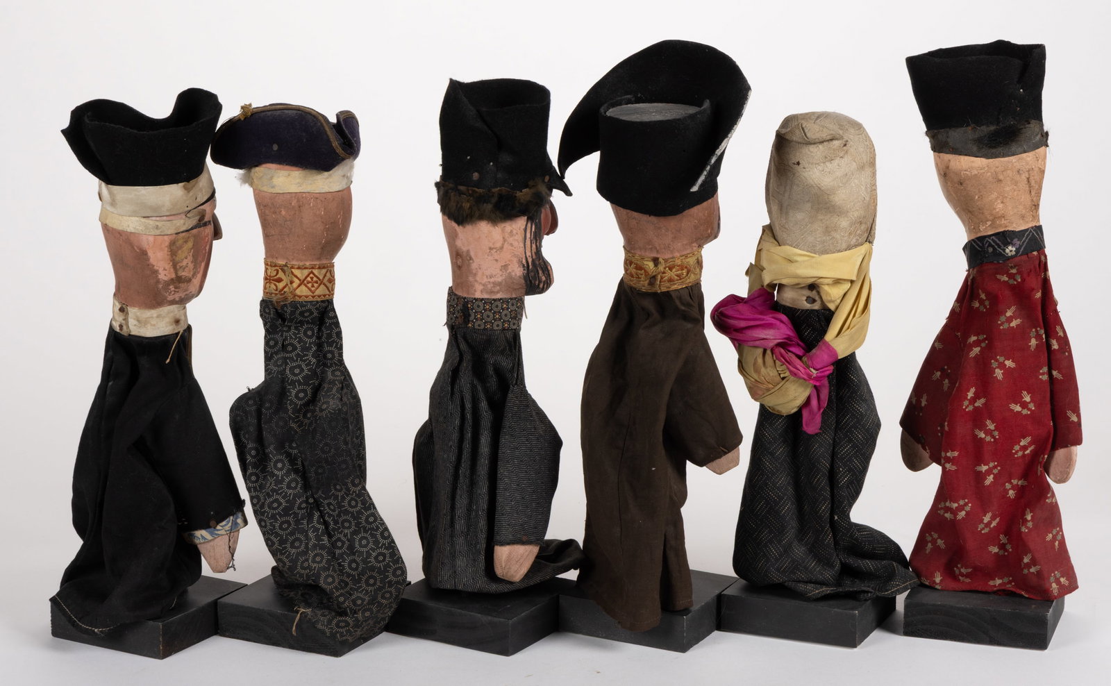 ANTIQUE FRENCH GUIGNOL CHARACTER HAND PUPPETS, LOT OF SIX: ANTIQUE FRENCH GUIGNOL CHARACTER HAND PUPPETS, LOT OF SIX, comprising Guignol, his wife Madelon, the Marquis (aristocracy), Le Bailli (judge/magistrate), the Canezou (landlord), and the