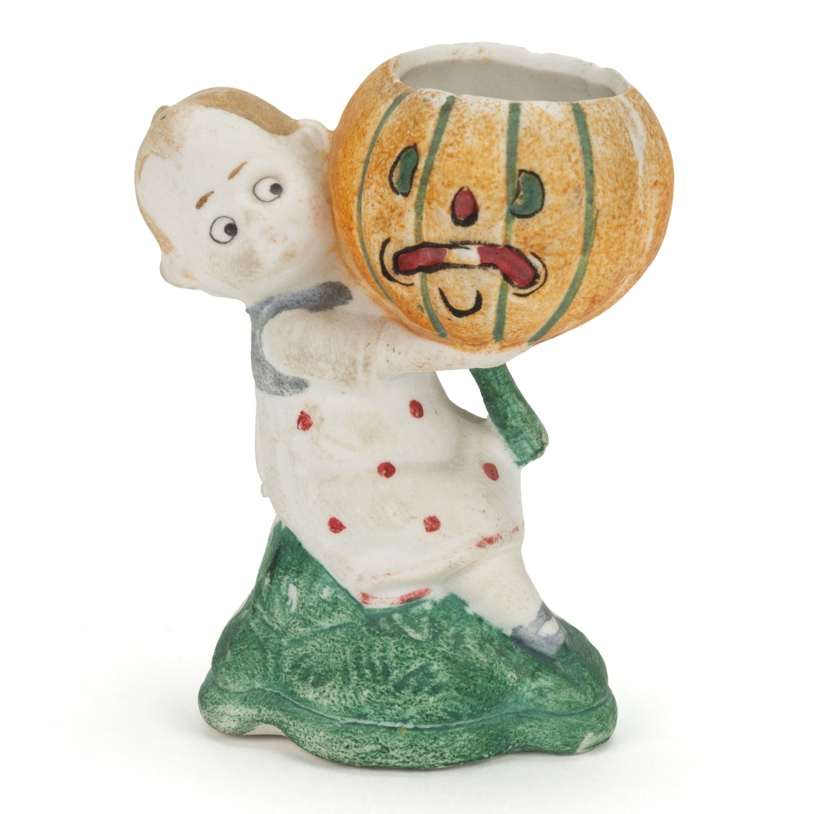 GERMAN GES GESCH HALLOWEEN BOY WITH JACK-O-LANTERN BISQUE PORCELAIN CANDY HOLDER (1 of 2)