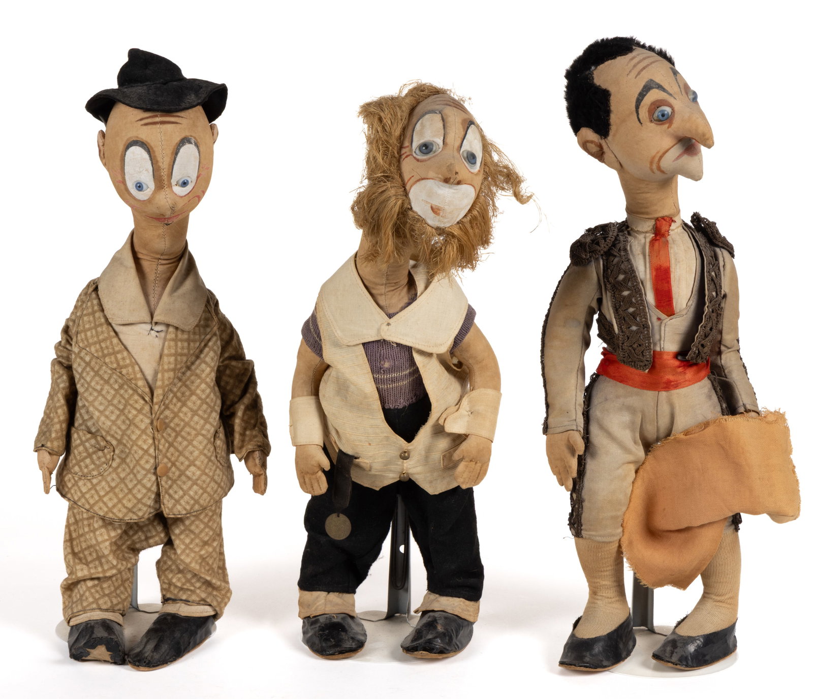 ASSORTED VINTAGE COMIC CHARACTER CLOTH DOLLS, LOT OF THREE: ASSORTED VINTAGE COMIC CHARACTER CLOTH DOLLS, LOT OF THREE, each having blue and white glass eyes with painted facial features, stuffed cloth bodies with jointed shoulders and elongated necks, ea