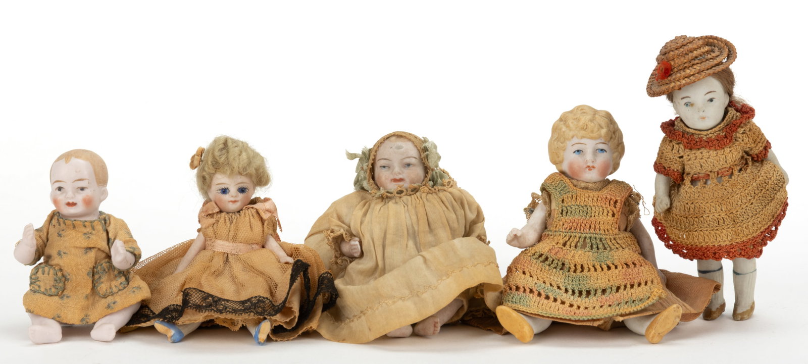 ASSORTED BISQUE DIMINUTIVE DOLLHOUSE DOLLS, LOT OF FIVE (1 of 1)