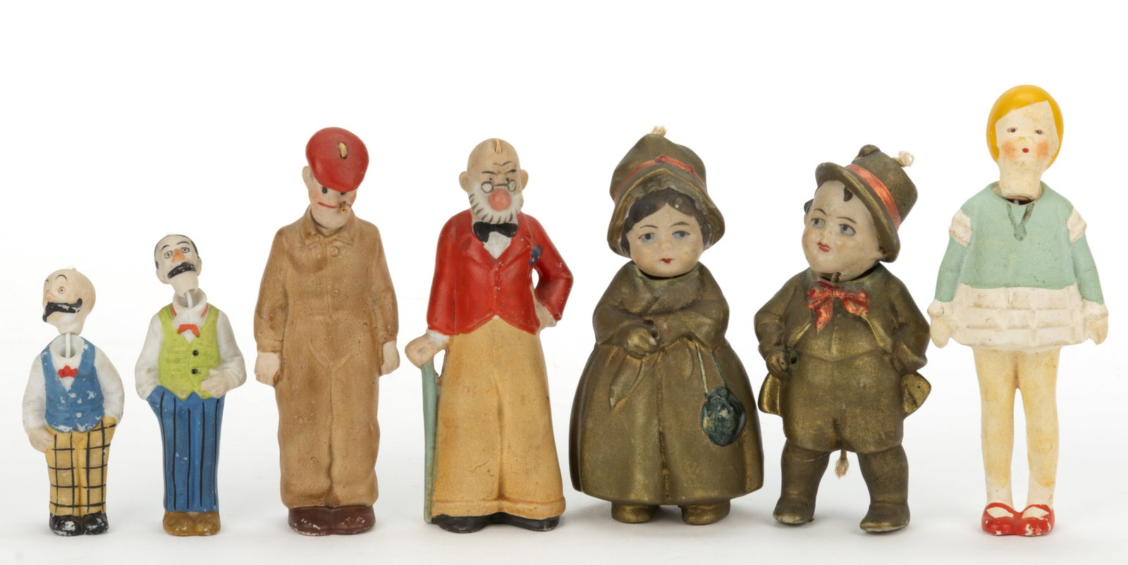 ASSORTED GERMAN BISQUE COMIC AND CHARACTER NODDERS / BOBBLE-HEAD DIMINUTIVE FIGURAL DOLLS, LOT OF (1 of 2)