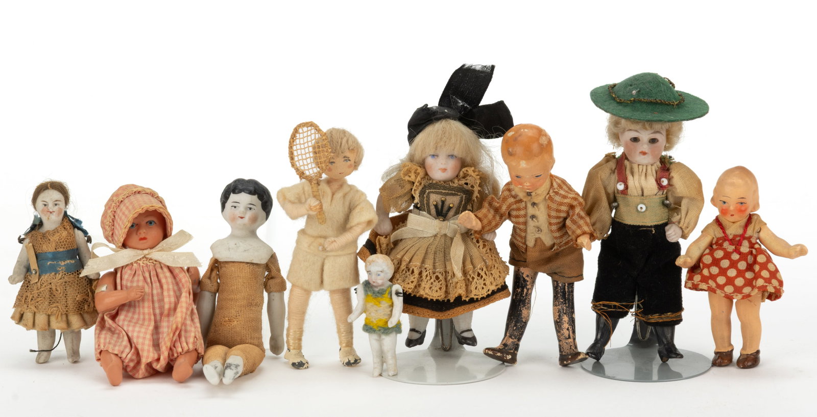 ASSORTED MATERIALS DIMINUTIVE DOLLHOUSE DOLLS, LOT OF NINE (1 of 2)