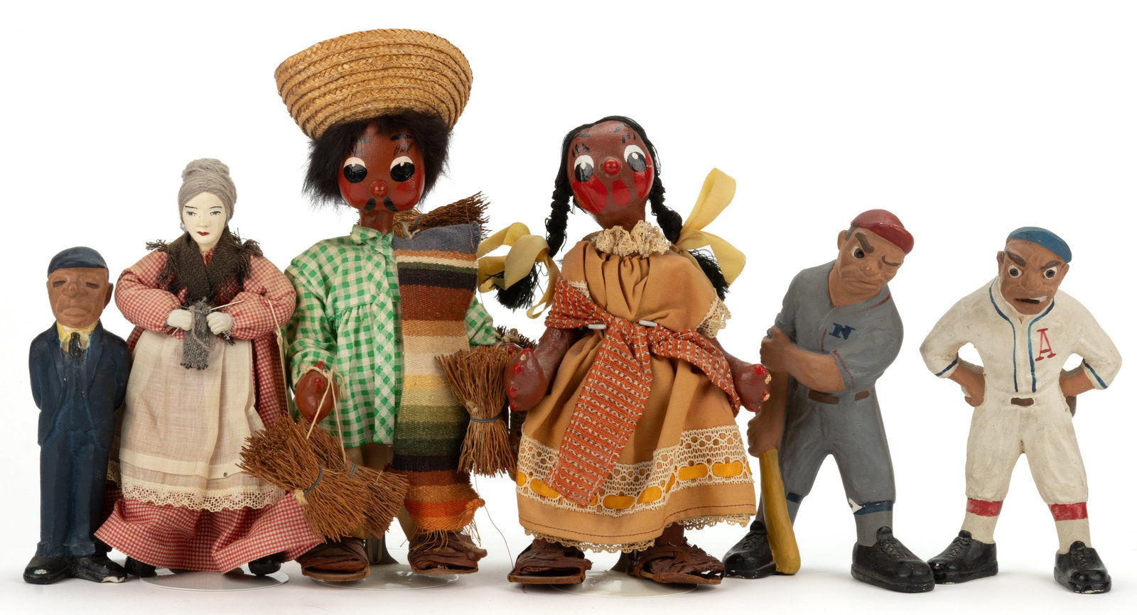 ASSORTED MATERIALS DOLLS, LOT OF SIX: ASSORTED MATERIALS DOLLS, LOT OF SIX, each with painted facial features, comprising of a wooden Johanna Chavre example with hinged limbs, depicting a woman knitting, retains origin