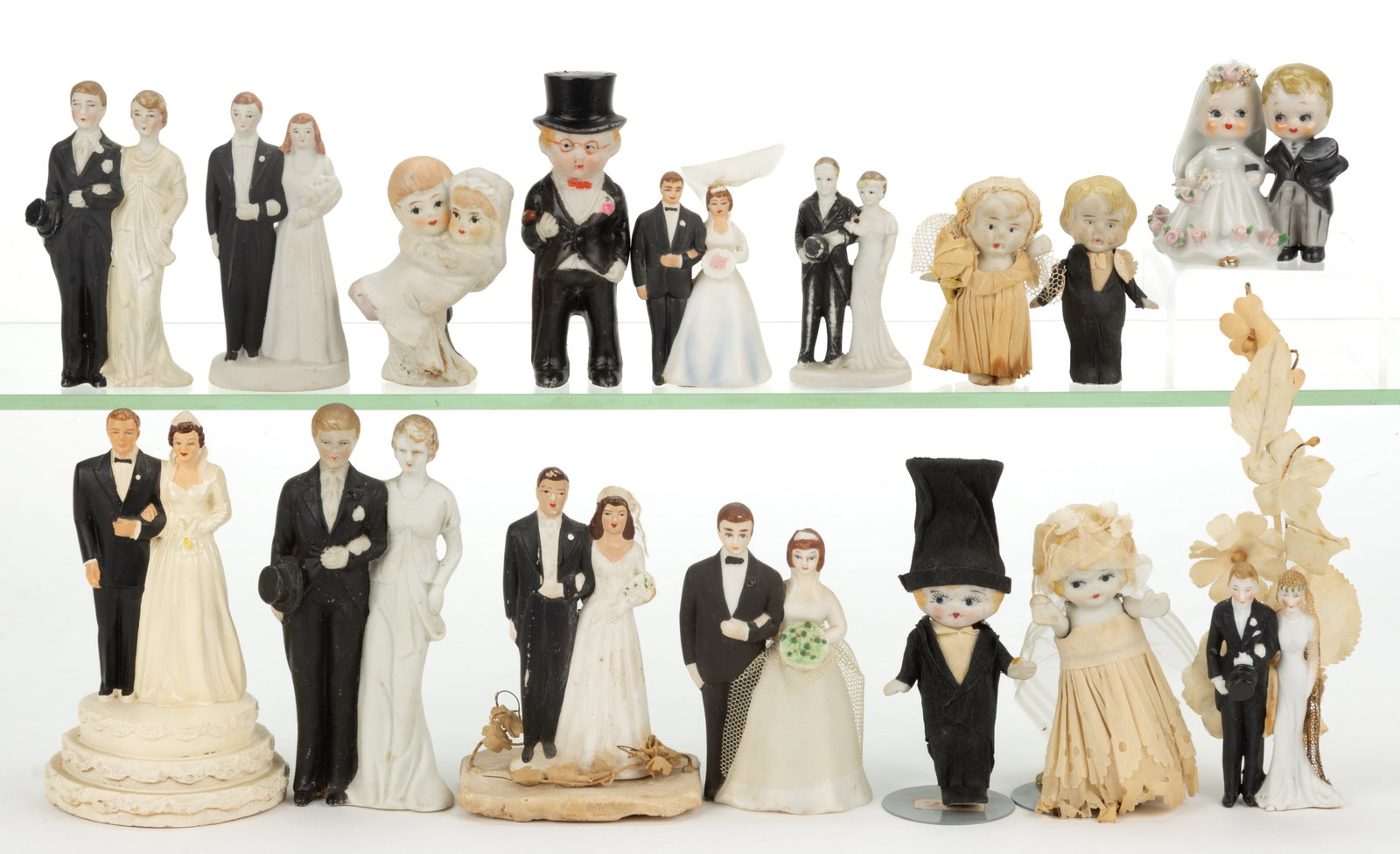 ASSORTED BISQUE, PORCELAIN AND OTHER DIMINUTIVE FIGURAL WEDDING CAKE TOPPER DOLLS, LOT OF 17 (1 of 1)