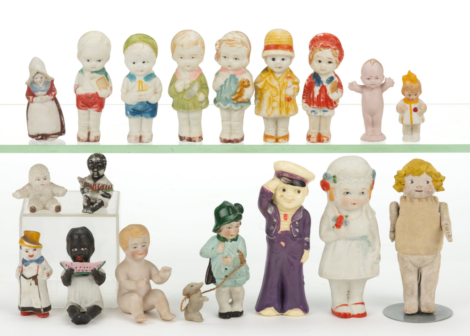 ASSORTED BISQUE AND OTHER DIMINUTIVE FIGURAL DOLLS, LOT OF 18 (1 of 1)