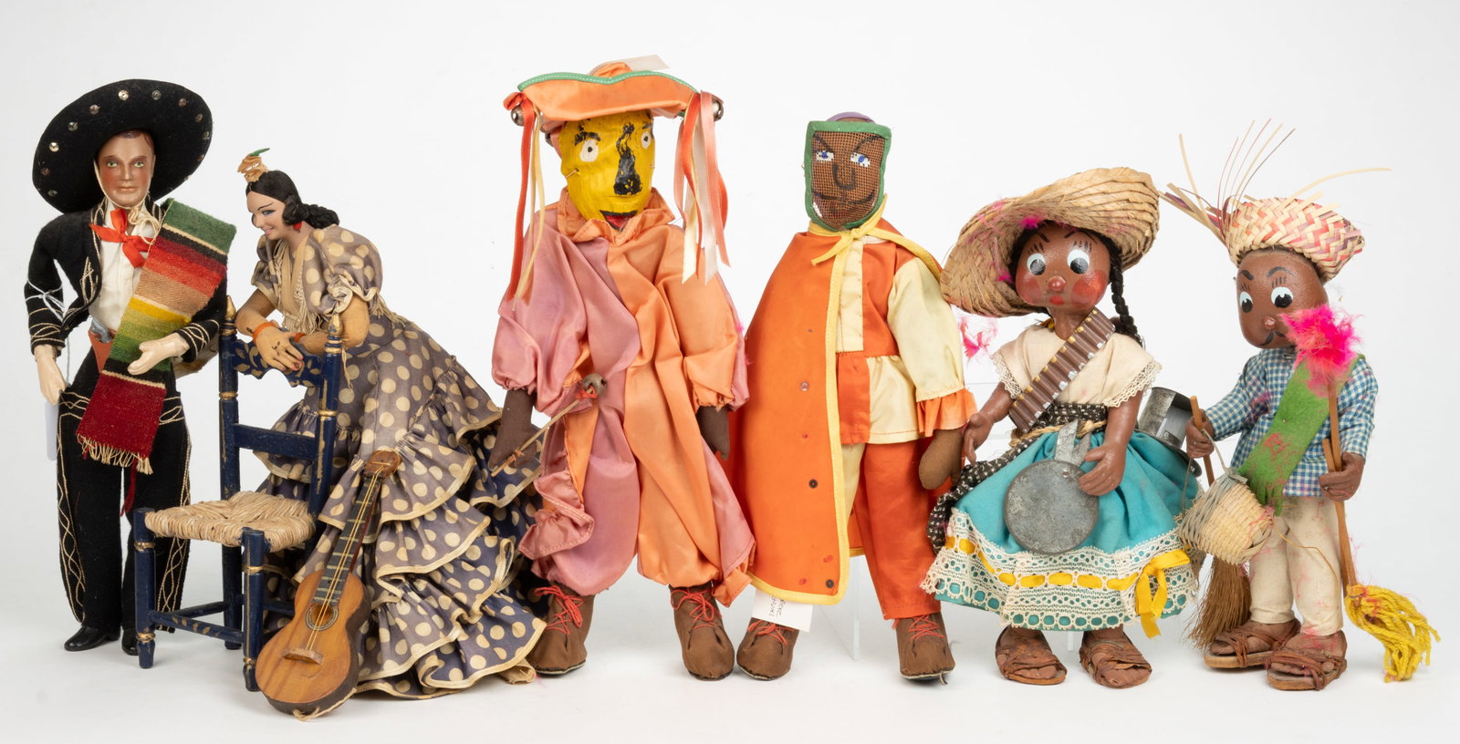 ASSORTED VINTAGE SPANISH AND SIMILAR DOLLS, LOT OF SIX: ASSORTED VINTAGE SPANISH AND SIMILAR DOLLS, LOT OF SIX, various materials including composition and wood, various bodies including cloth stuffed and composition, including a lady in blu