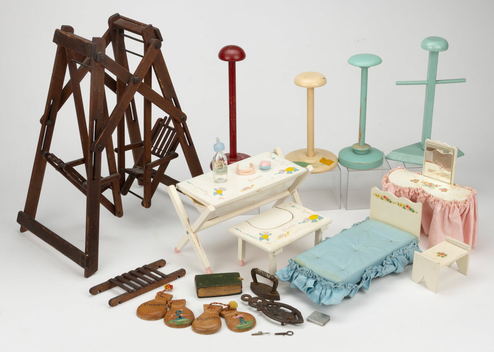 ASSORTED WOOD AND OTHER MINIATURE DOLL FURNITURE AND ARTICLES, LOT OF 17 (1 of 2)
