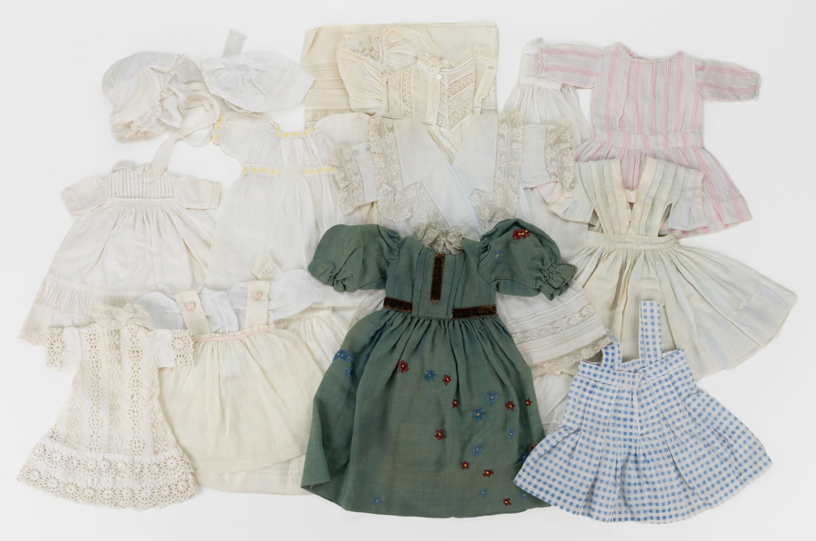 ASSORTED VINTAGE DOLL DRESSES AND ARTICLES, LOT OF 14 (1 of 1)