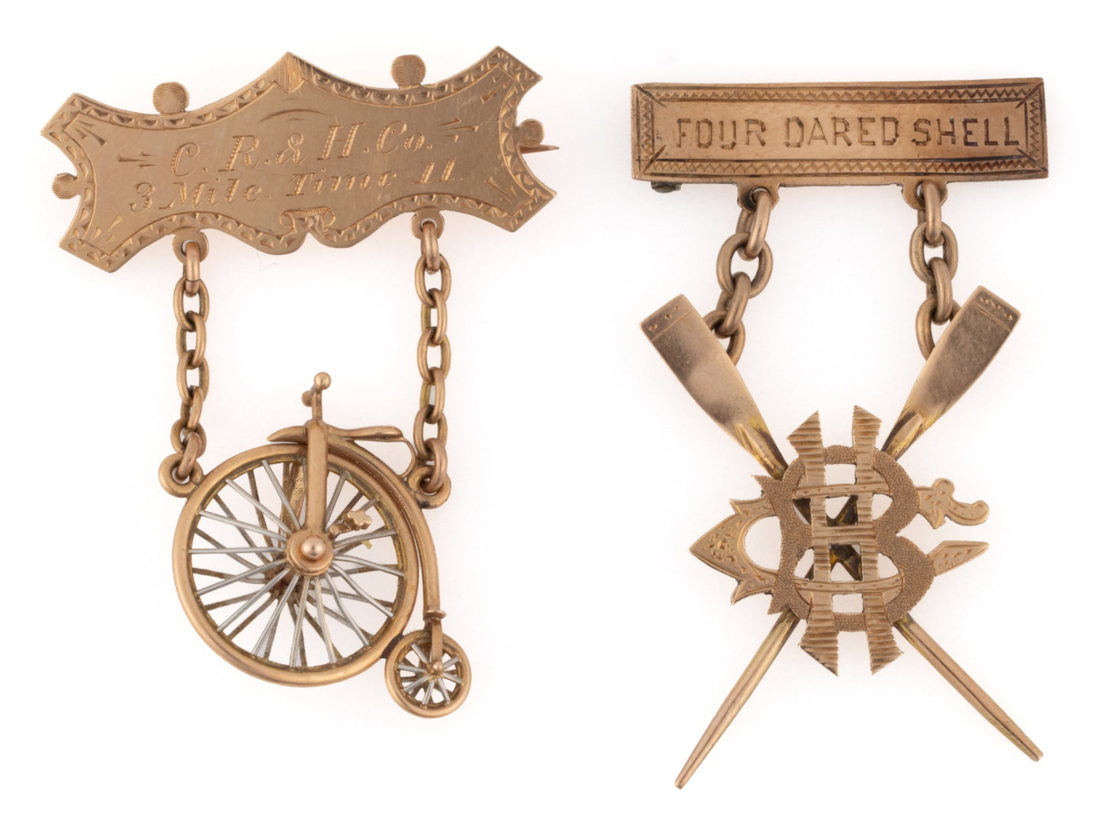 ANTIQUE GOLD / GOLD-PLATED FIGURAL SPORTING MEDALS / BADGES, LOT OF TWO: ANTIQUE GOLD / GOLD-PLATED FIGURAL SPORTING MEDALS / BADGES, LOT OF TWO, comprising one for penny farthing / high wheel bicycle racing that tested as 10K gold fineness, though possibly heavy rolled go
