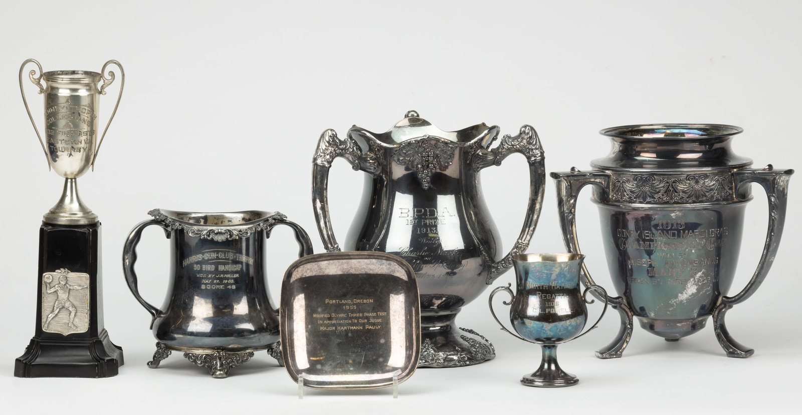 ASSORTED SILVER-PLATED SPORTS / SPORTING TROPHIES AND PRESENTATION DISH, LOT OF SIX (1 of 2)