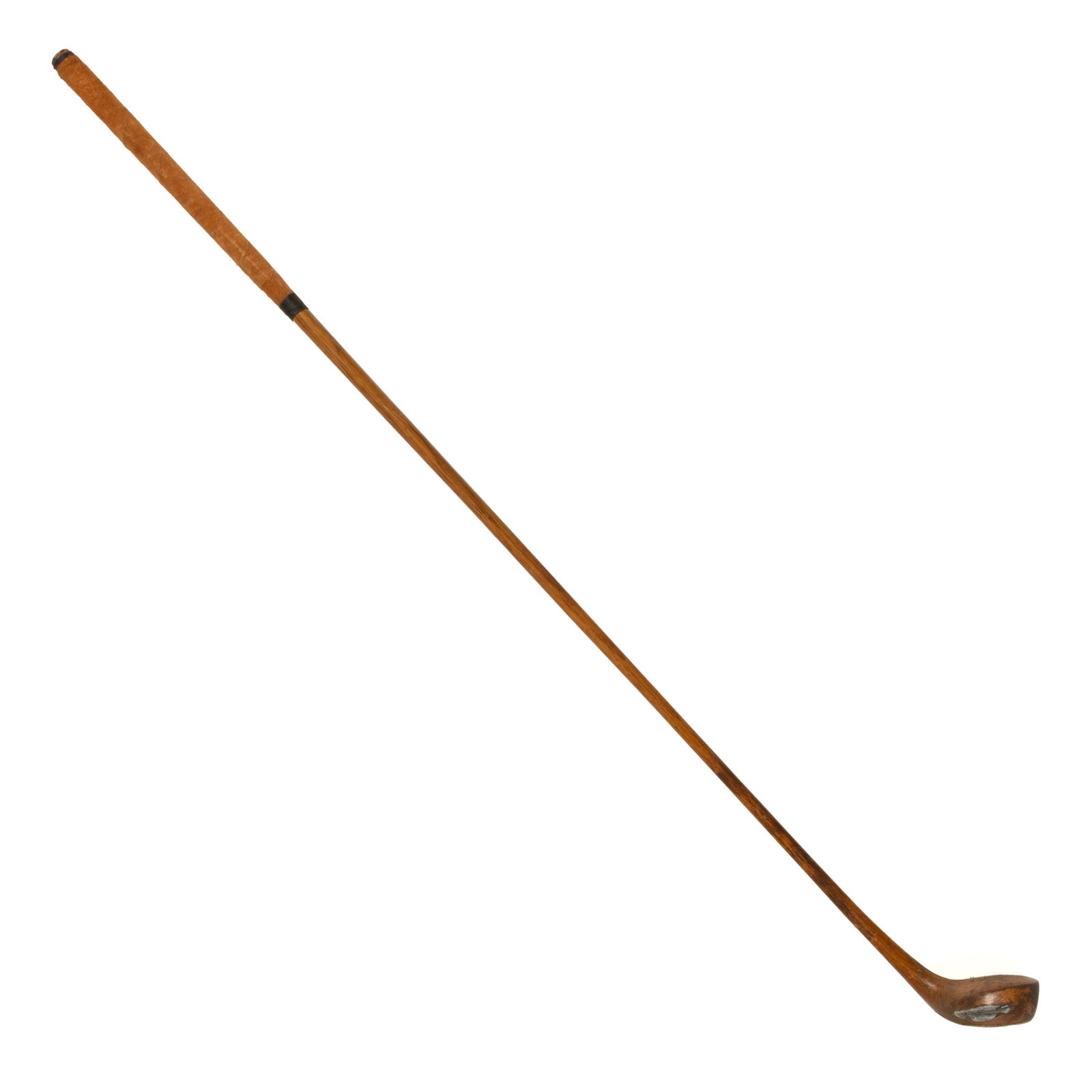 SLAZENGER & SONS SINGLE-PIECE HICKORY DRIVER / GOLF CLUB: SLAZENGER & SONS SINGLE-PIECE HICKORY DRIVER / GOLF CLUB, carved from a single piece of hickory, marked "SLAZENGER & SONS / N.Y." on the top of the clubhead. Retains a later suede wr