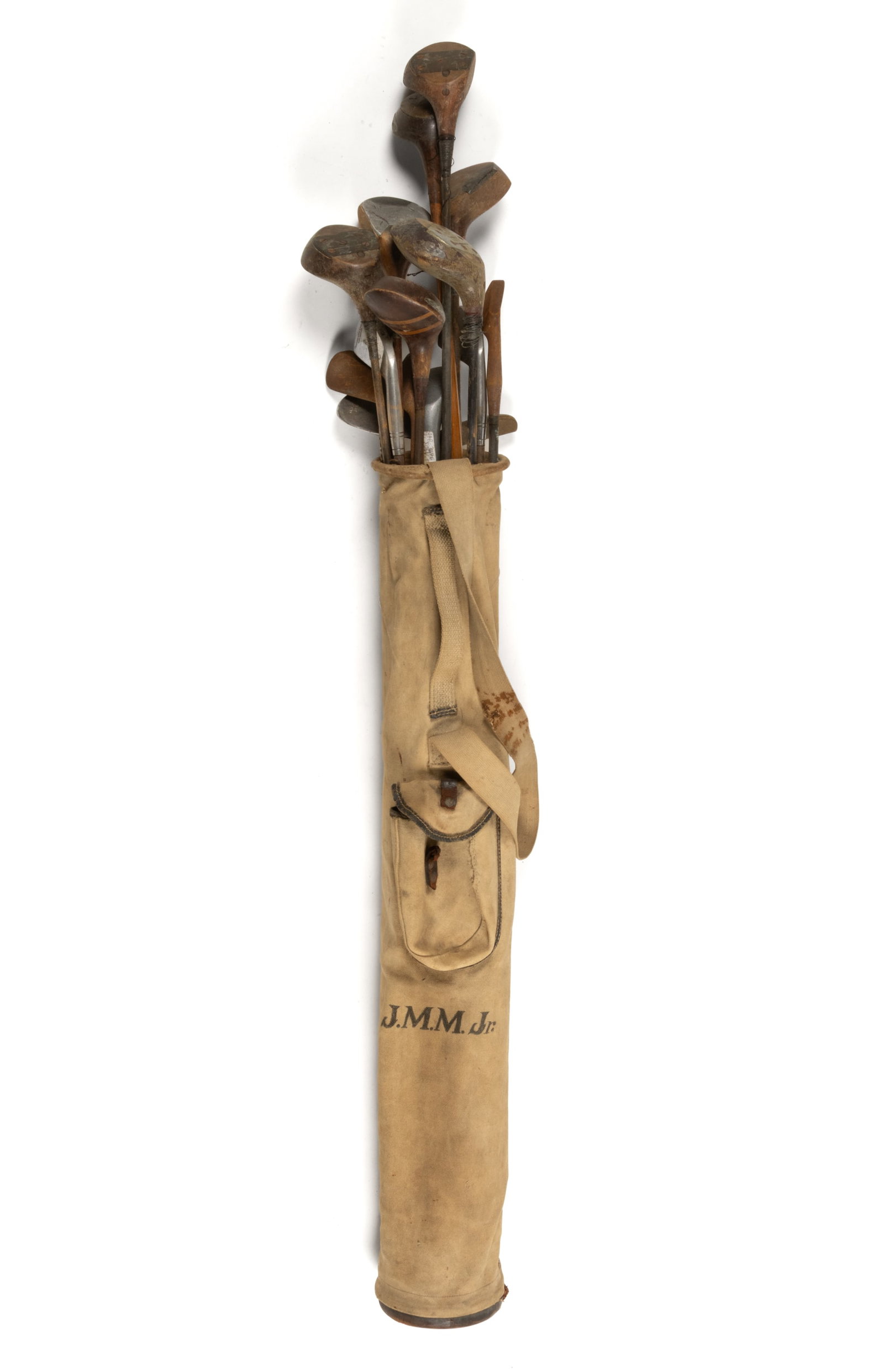ASSORTED HICKORY-SHAFT AND OTHER GOLF CLUBS AND BAG, LOT OF 17: ASSORTED HICKORY-SHAFT AND OTHER GOLF CLUBS AND BAG, LOT OF 17, makers including Charlie Murray, Crest, and Wood Wand, including one example for a left-handed player, the bag made of canvas with 