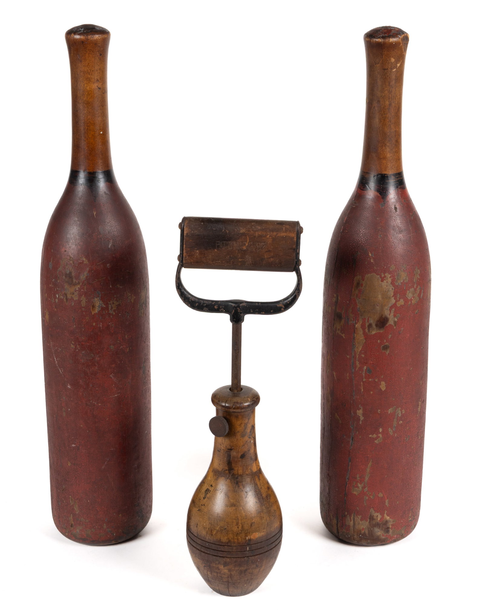 VINTAGE WOODEN INDIAN EXERCISE CLUBS, LOT OF THREE: VINTAGE WOODEN INDIAN EXERCISE CLUBS, LOT OF THREE, comprising one Gibson "Graduated" Indian Club, patented March 1897, with an adjustable shaft that can be set at different lengths, and an 