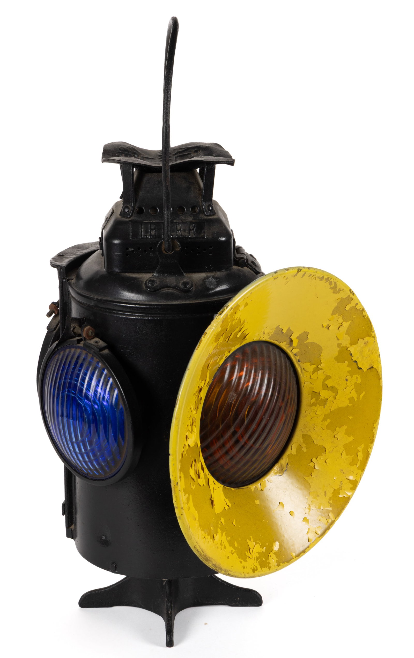 ADLAKE I. H. B. R. R. (INDIANA HARBOR) "NON-SWEATING" RAILROAD SIGNAL LANTERN: ADLAKE I. H. B. R. R. (INDIANA HARBOR) "NON-SWEATING" RAILROAD SIGNAL LANTERN, circular-form supported by a four-section iron base, fitted with four lenses, including two cobalt blue an