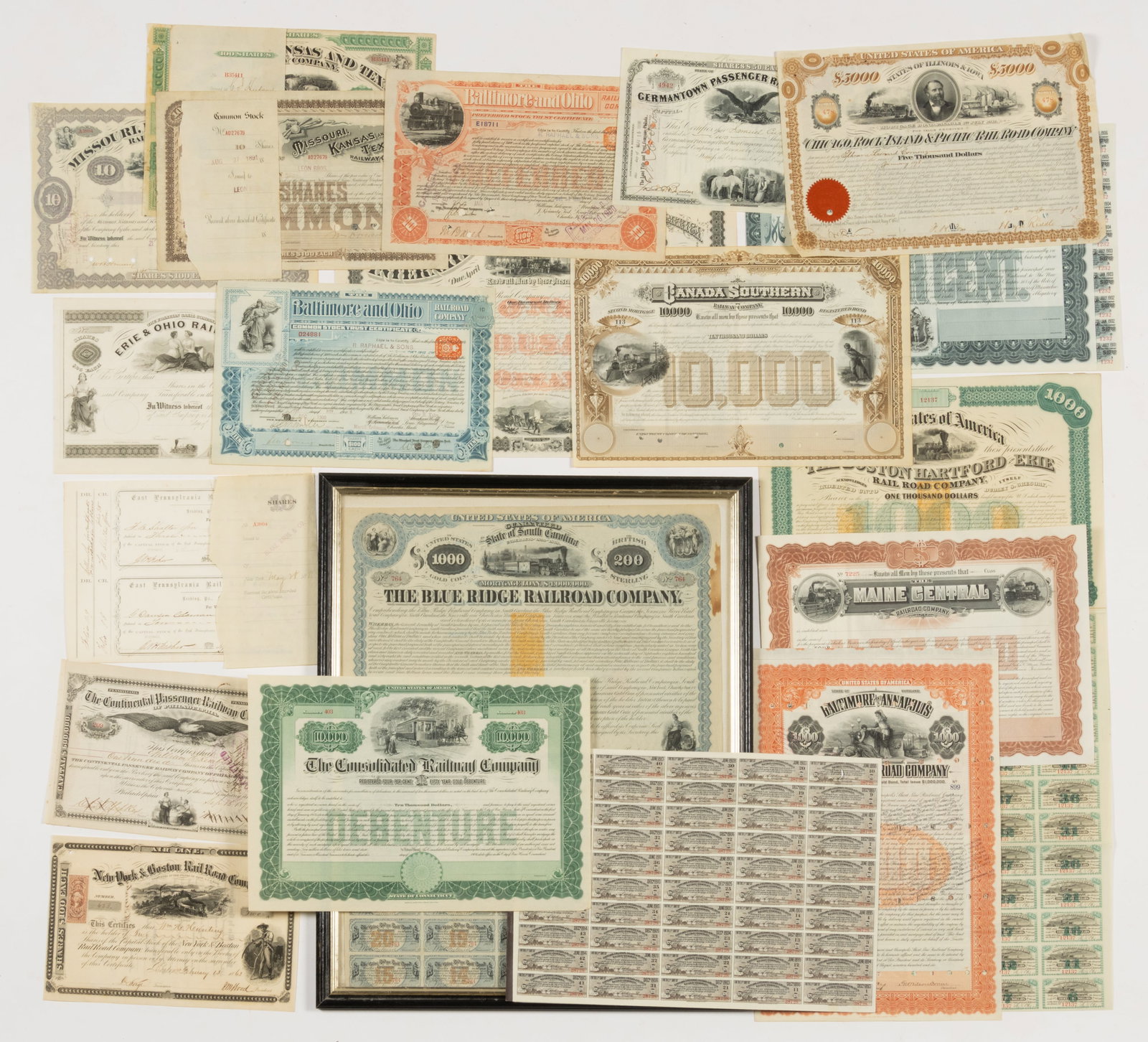 ASSORTED RAILROAD BONDS AND STOCK CERTIFICATES, LOT OF 20 (1 of 1)