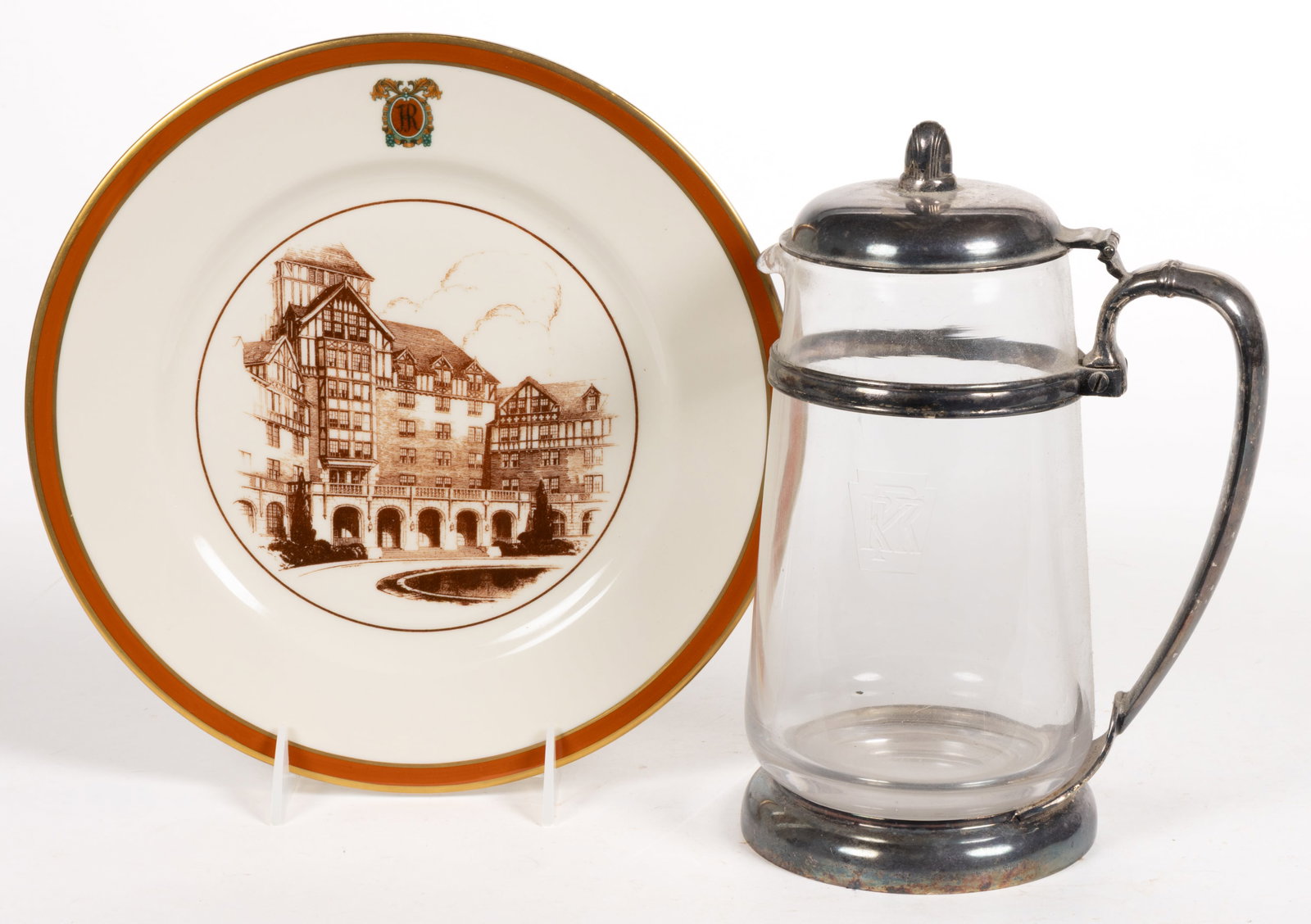 PENNSYLVANIA RAILROAD SILVER-PLATED AND GLASS PITCHER: PENNSYLVANIA RAILROAD SILVER-PLATED AND GLASS PITCHER, colorless, mounted with a silverplated lid, handle and base, etched "PRR" on the body of the glass pitcher, marked for International Si