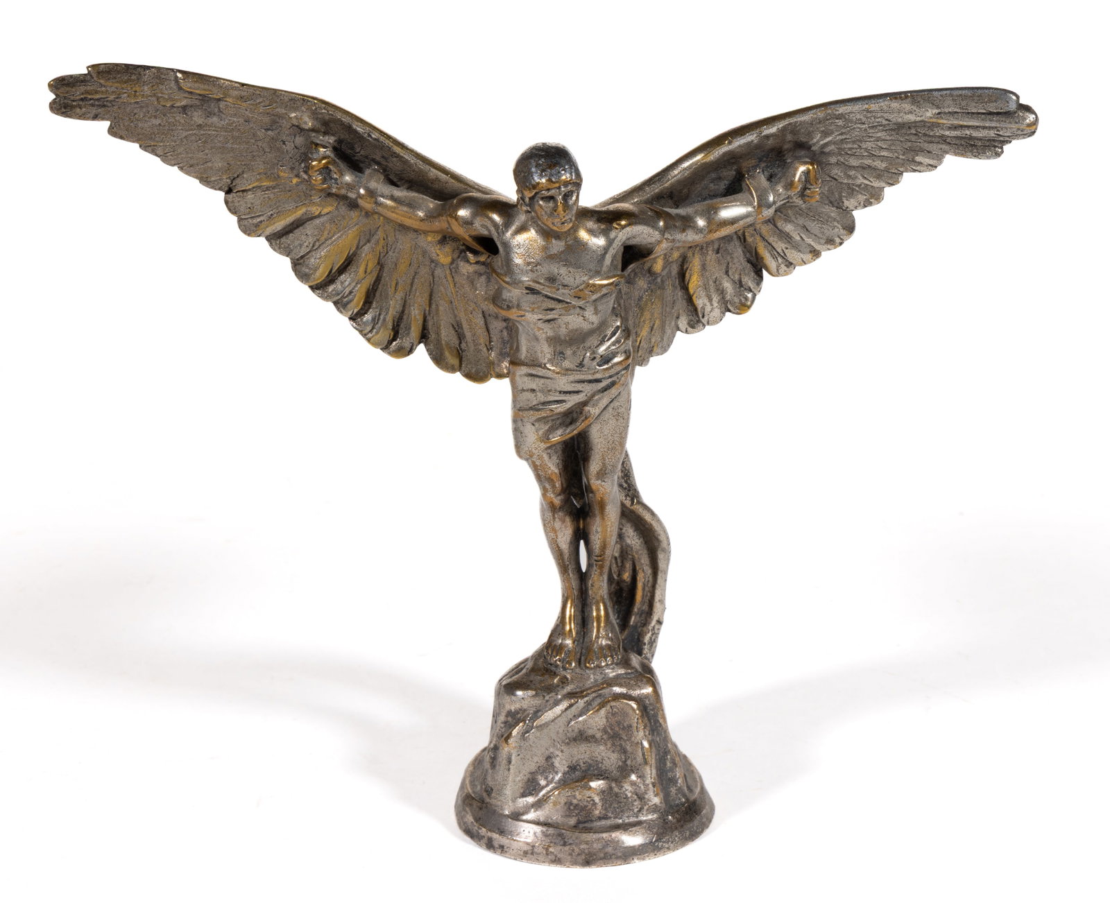 COLIN GEORGE (ACTIVE 19TH/20TH CENTURY) LA CONQUETE DE L'AIR / ICARUS AUTOMOBILE MASCOT / HOOD /: COLIN GEORGE (ACTIVE 19TH/20TH CENTURY) LA CONQUETE DE L'AIR / ICARUS AUTOMOBILE MASCOT / HOOD / RADIATOR ORNAMENT, nickel-plated bronze, depicting the winged figure of Icarus. Signed in the casti