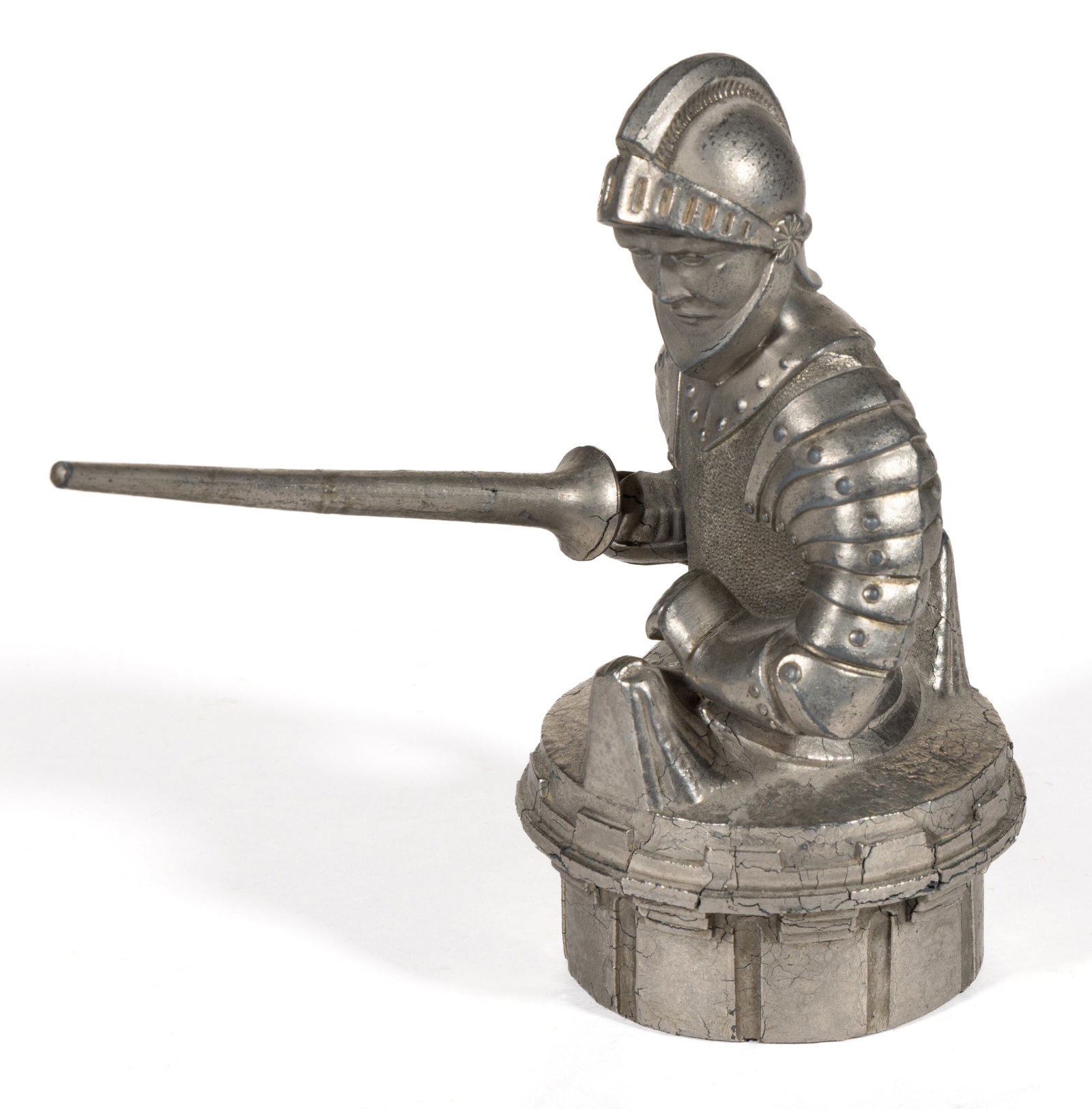WILLY'S KNIGHT AUTOMOBILE MASCOT / HOOD / RADIATOR ORNAMENT: WILLY'S KNIGHT AUTOMOBILE MASCOT / HOOD / RADIATOR ORNAMENT, nickel-plated cast-metal, a waist-length depiction of a knight on a saddle with a separately-cast sword, the whole resting on a castle-