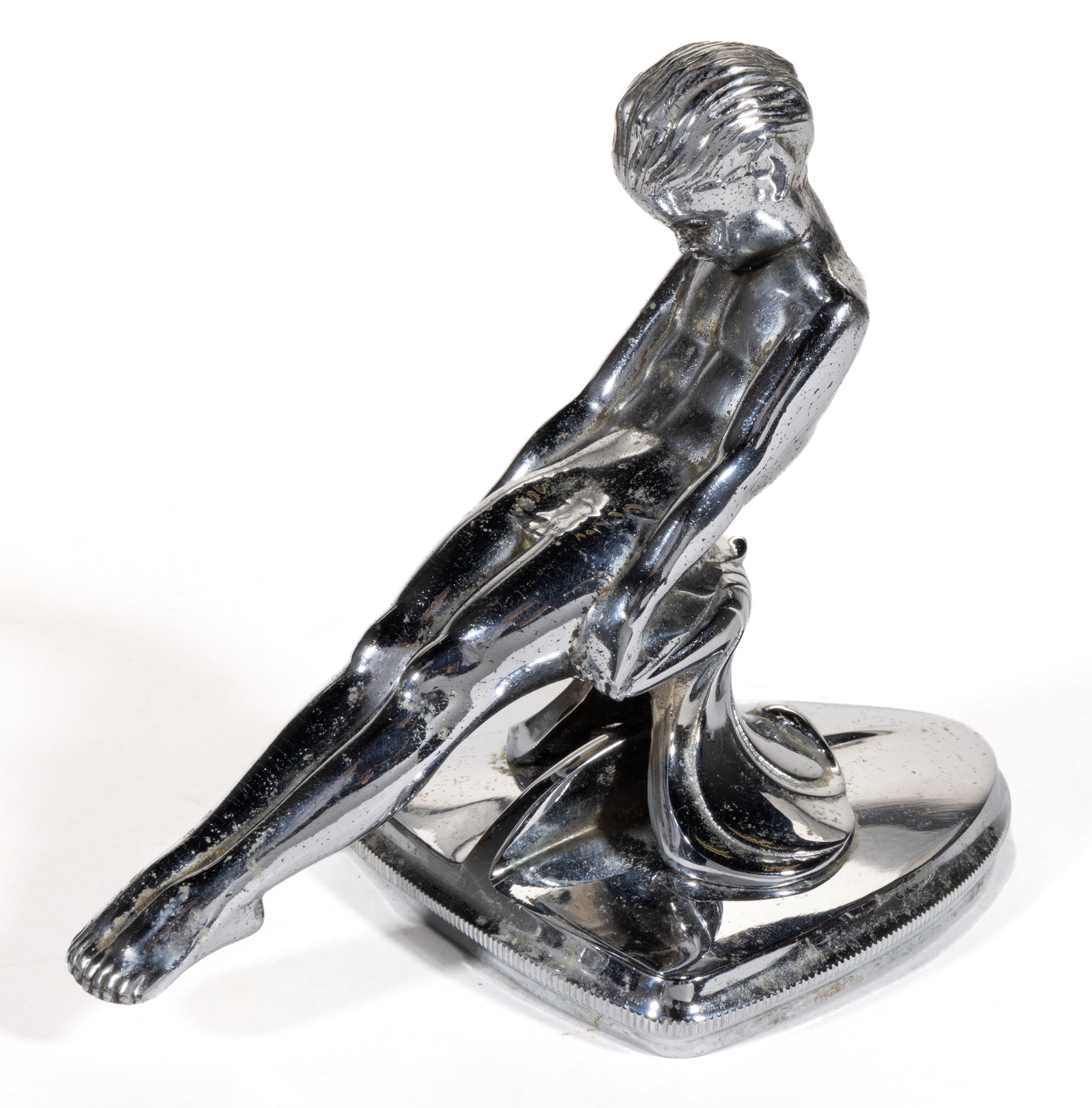 PACKARD SLIDING BOY / ADONIS AUTOMOBILE MASCOT / HOOD / RADIATOR ORNAMENT: PACKARD SLIDING BOY / ADONIS AUTOMOBILE MASCOT / HOOD / RADIATOR ORNAMENT, chrome-plated, depicting a boy in sliding position with elf-like ears resting on a shaped platform base, the whole mount