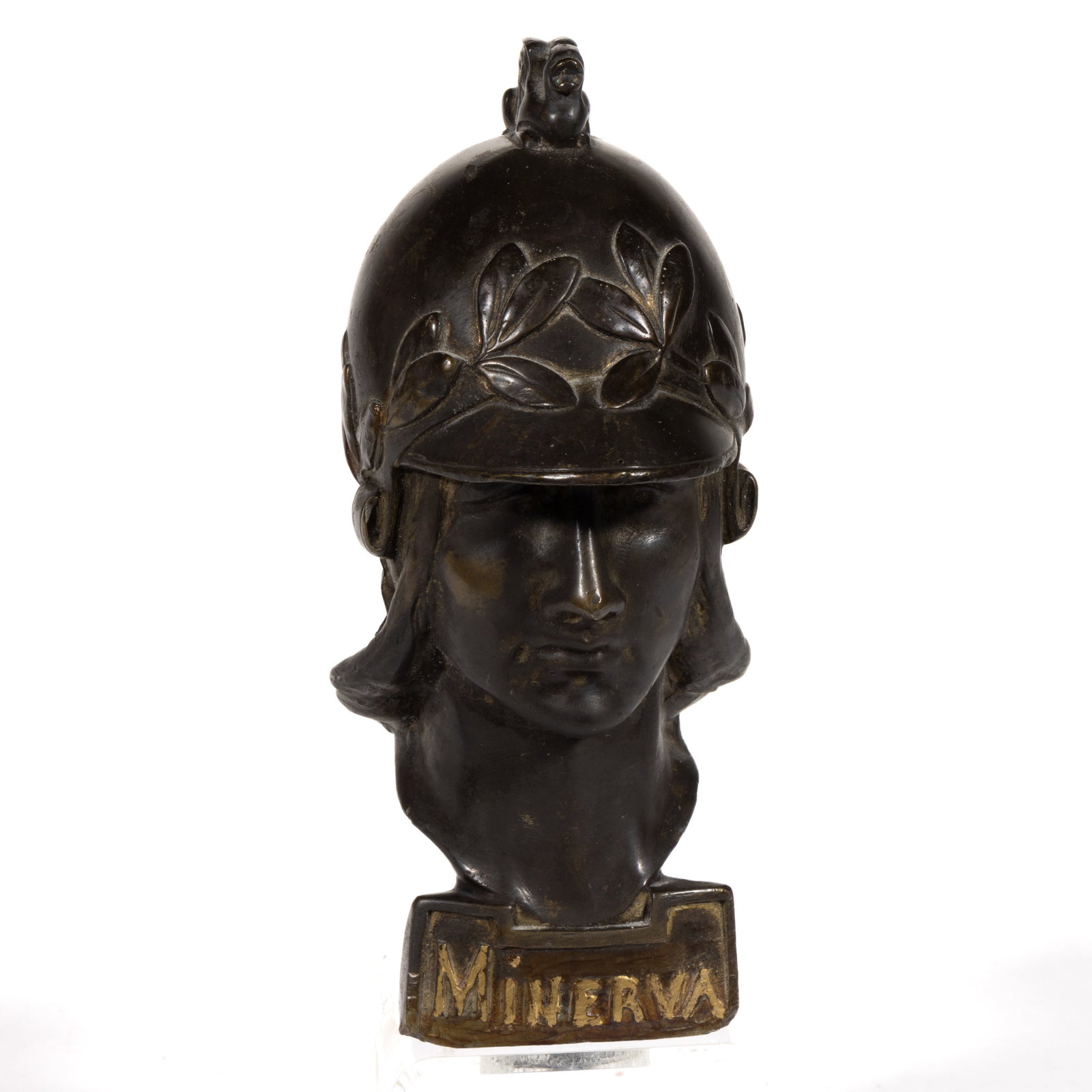PIERRE DE SOETE (BELGIAN, 1886-1948) "MINERVA" AUTOMOBILE MASCOT / HOOD / RADIATOR ORNAMENT: PIERRE DE SOETE (BELGIAN, 1886-1948) "MINERVA" AUTOMOBILE MASCOT / HOOD / RADIATOR ORNAMENT, hollow-cast bronze, depicting Minerva with a large helmet and a name plate at the bottom. Stamped