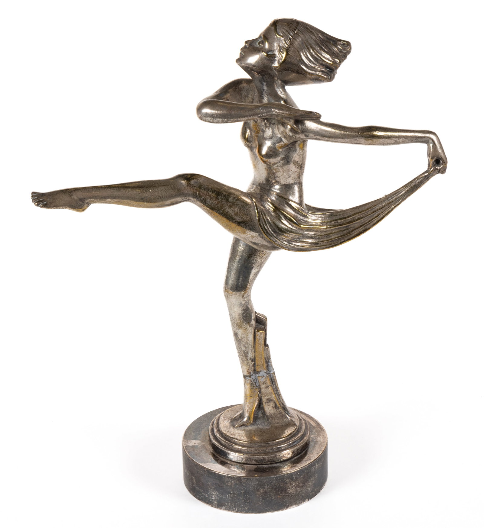 JOSEF LORENZL (AUSTRIAN, 1892-1950) ATTRIBUTED STATUE / AUTOMOBILE / HOOD / RADIATOR ORNAMENT: JOSEF LORENZL (AUSTRIAN, 1892-1950) ATTRIBUTED STATUE / AUTOMOBILE / HOOD / RADIATOR ORNAMENT, nickel-plated cast-brass or bronze, depicting a young dancer with one leg raised, mounted to a possibly-a