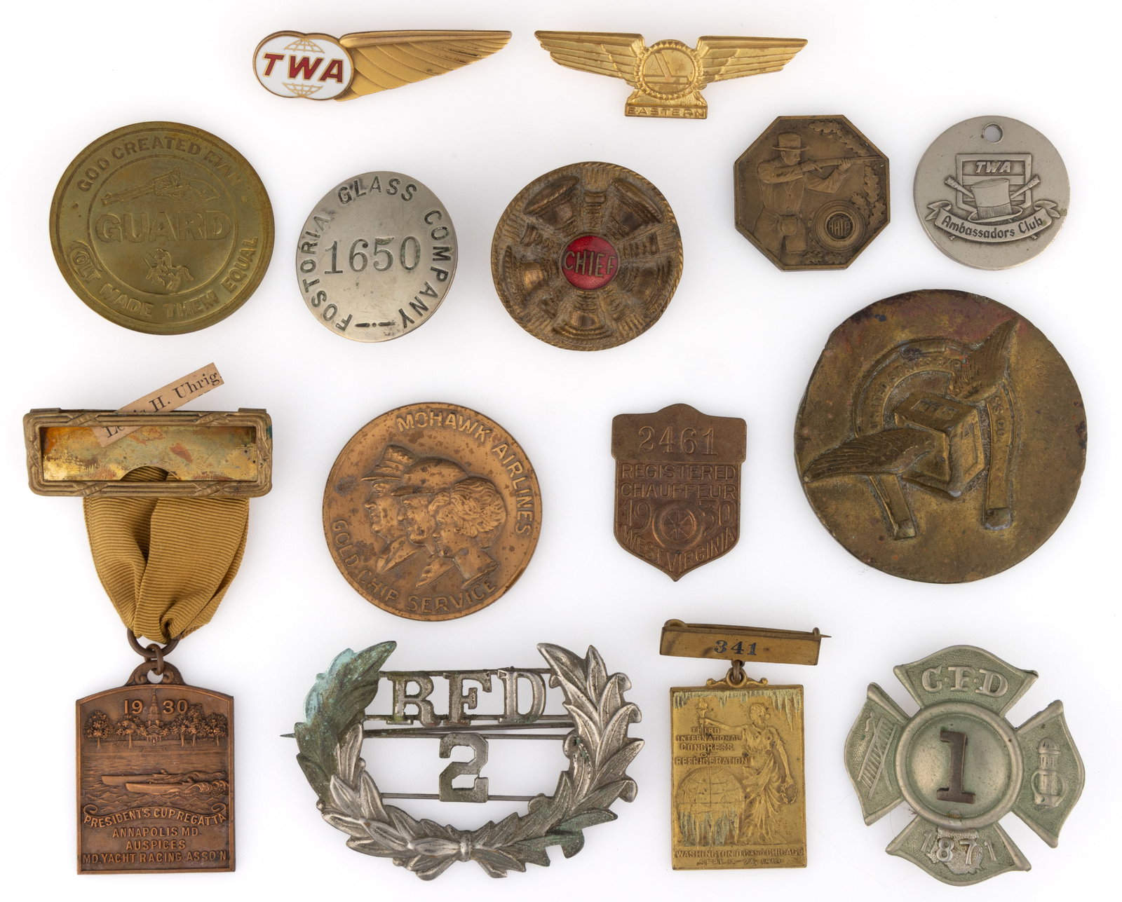 ASSORTED FIREARM / AIRLINE / FIRE DEPARTMENT MEDALS AND RELATED ARTICLES, LOT OF 14 (1 of 2)