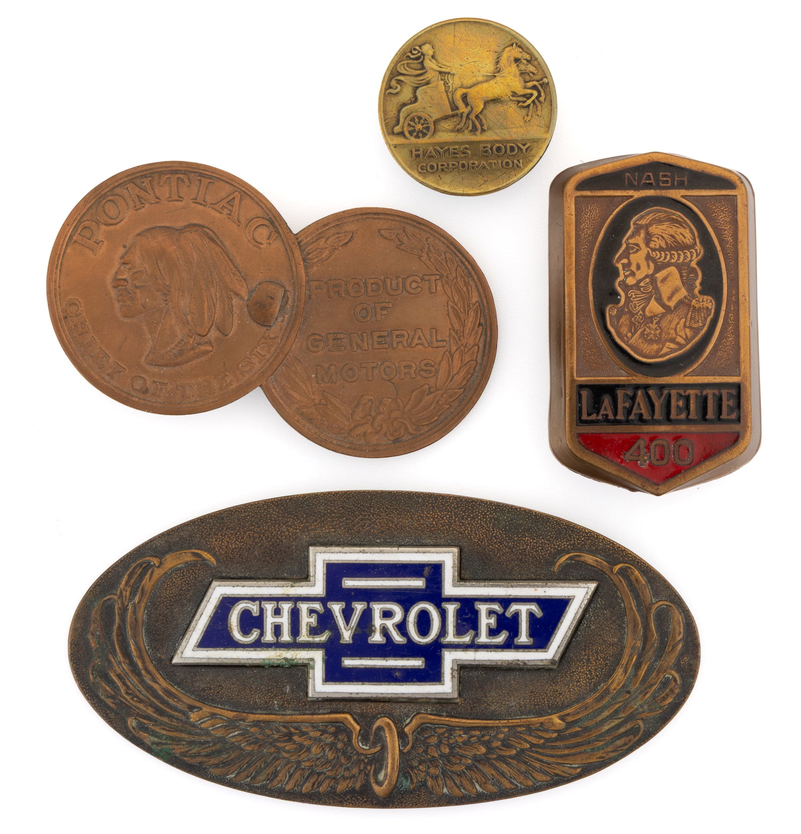 ASSORTED AUTOMOBILE / CAR / VEHICLE RADIATOR / GRILL EMBLEMS AND RELATED ARTICLES, LOT OF FOUR (1 of 2)