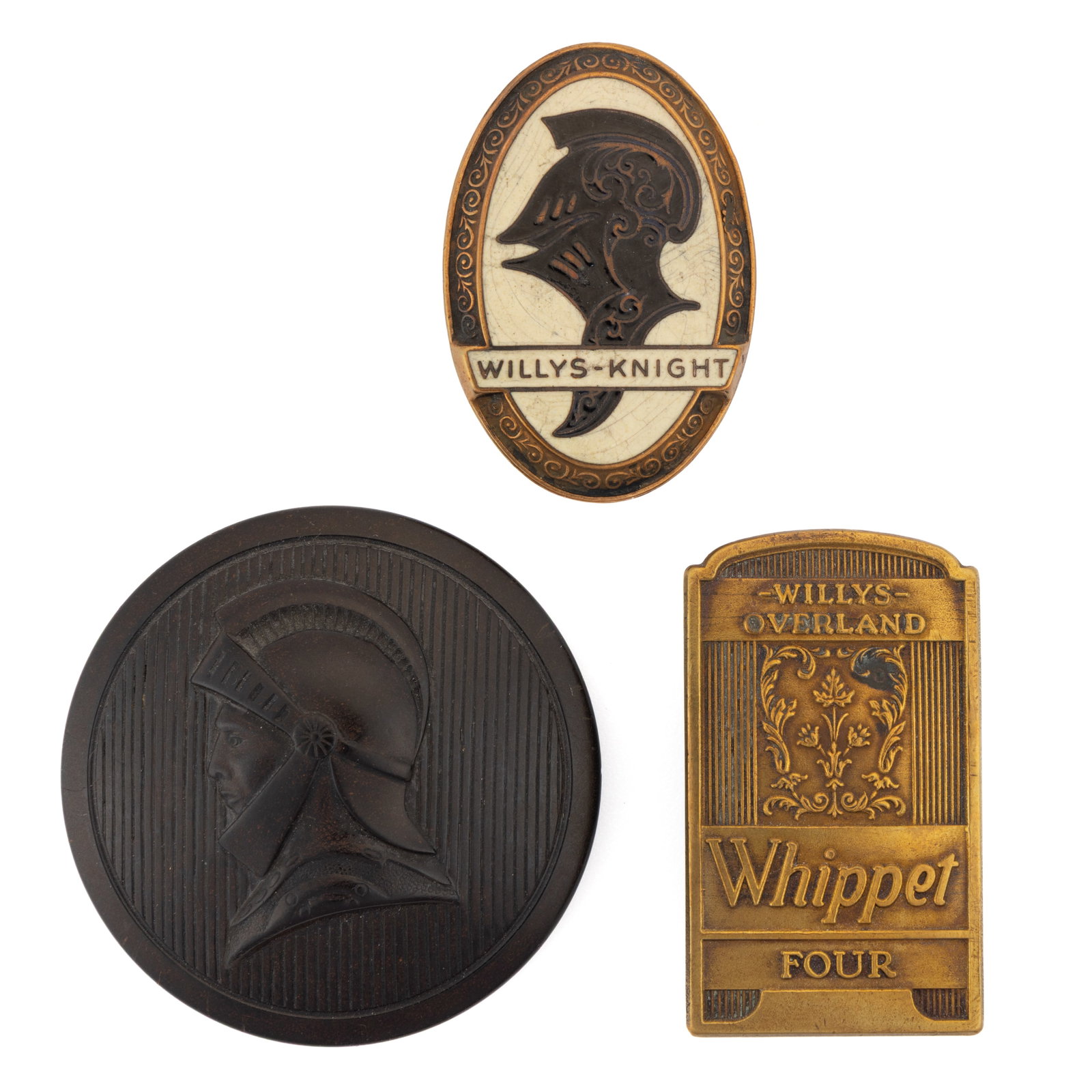 WILLY-KNIGHT / WILLYS-OVERLAND AUTOMOBILE / CAR / VEHICLE RADIATOR / GRILL EMBLEMS, LOT OF THREE (1 of 2)