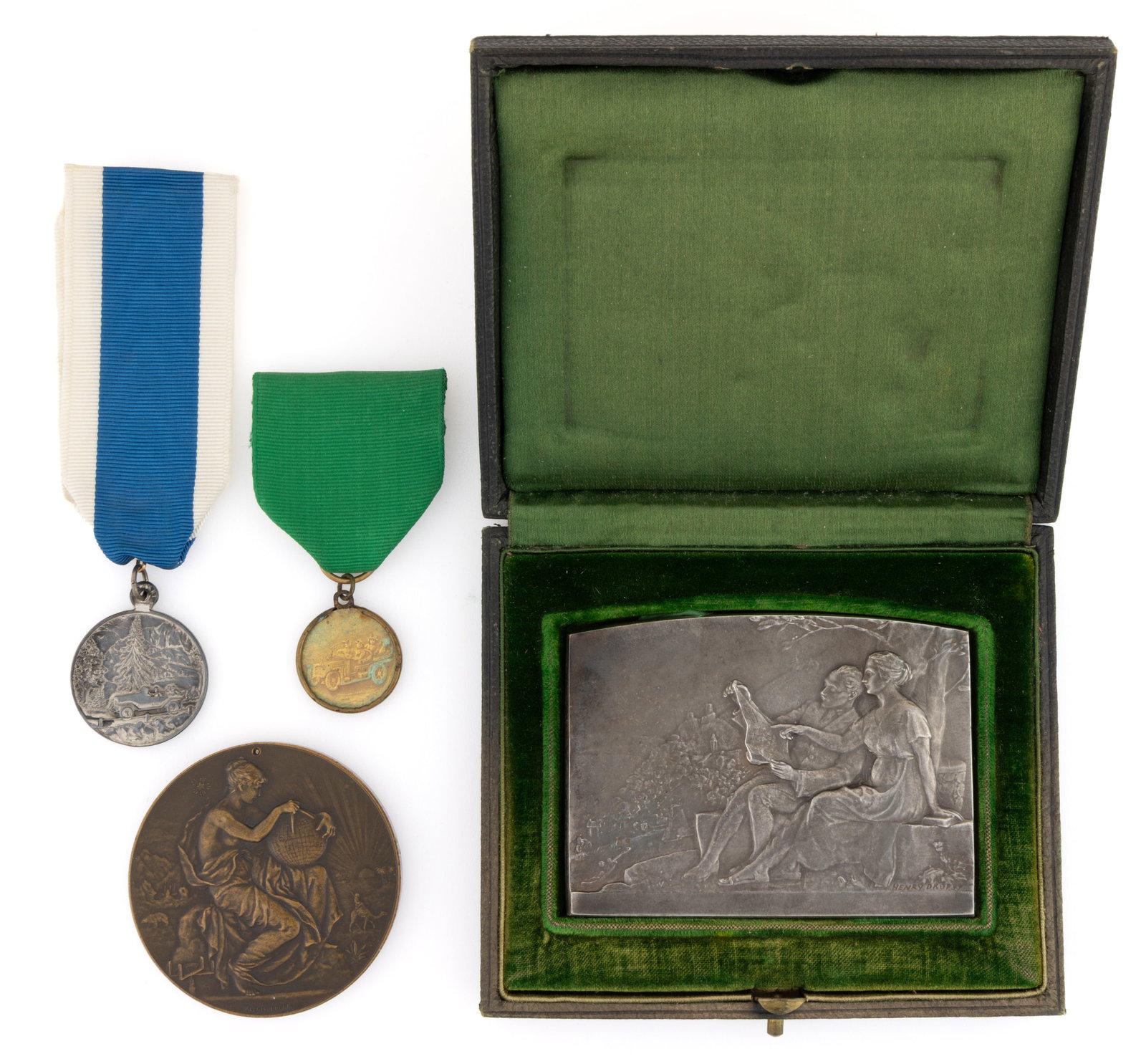 ASSORTED TOURING / AUTOMOBILE BRONZE MEDALS, LOT OF FOUR: ASSORTED TOURING / AUTOMOBILE BRONZE MEDALS, LOT OF FOUR, comprising a large "TOURING-CLUB / DE FRANCE" example named for M. Piaurroy housed in its original fitted case with "TOURING-CL