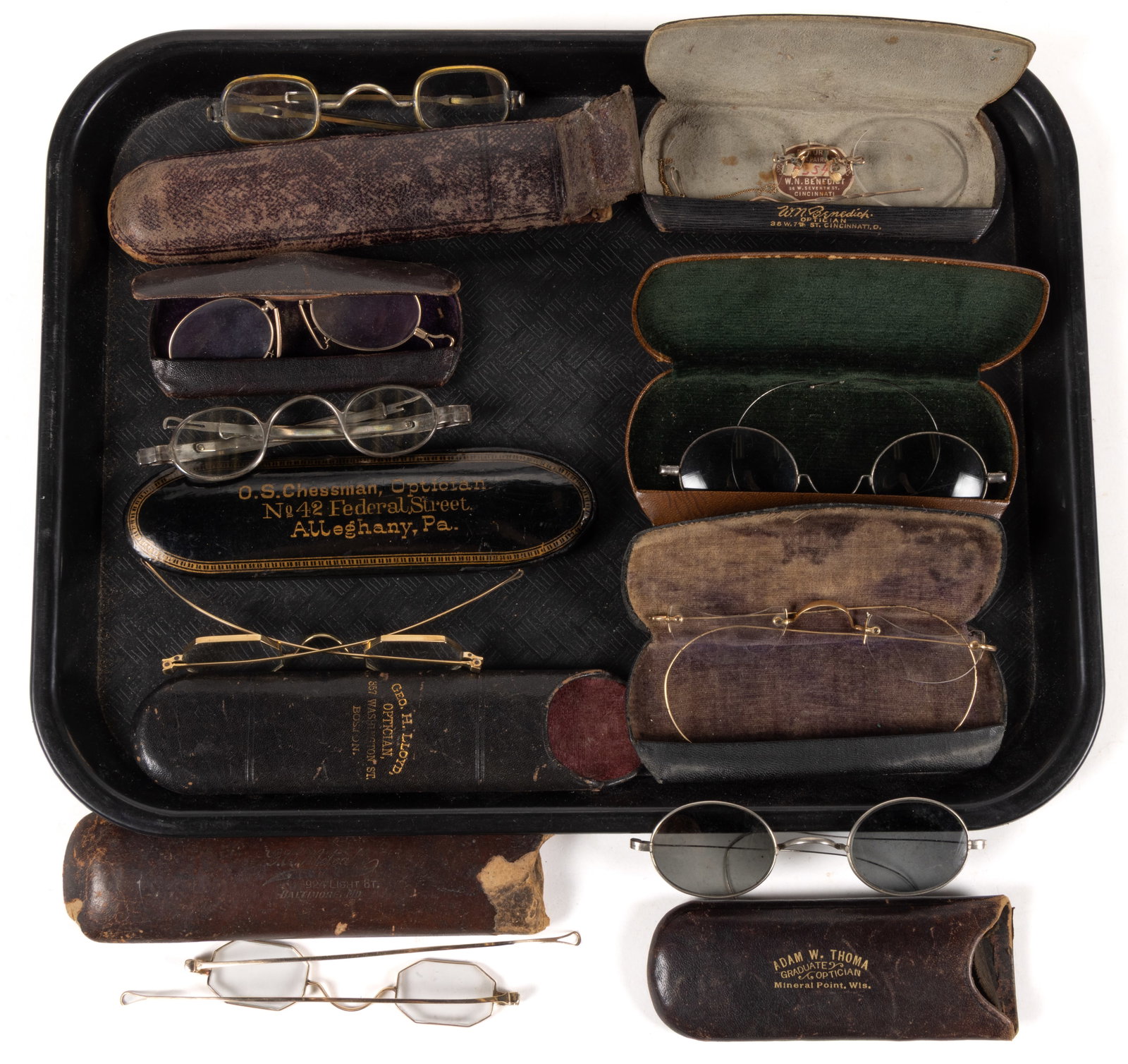 ASSORTED ANTIQUE EYEGLASSES / SPECTACLES WITH CASES, LOT OF NINE (1 of 1)