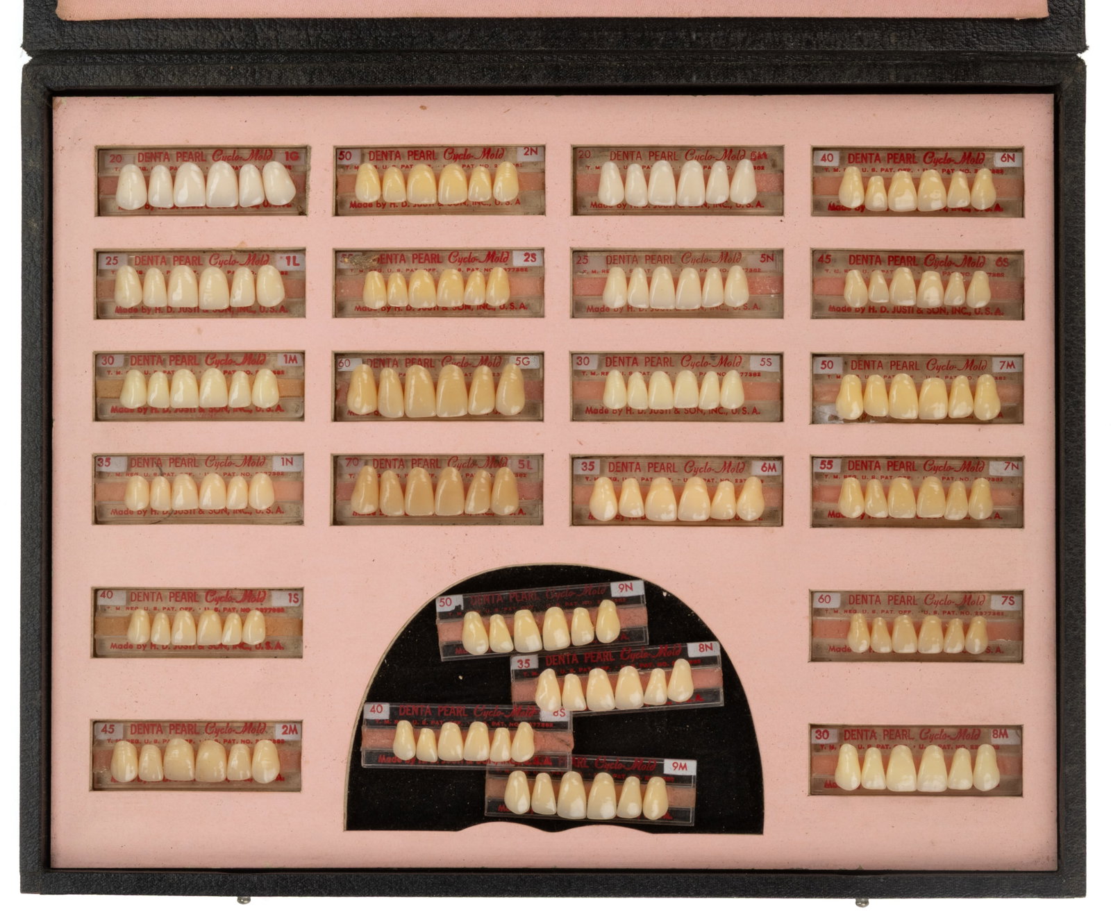 H.D. JUSTI & SON, INC. DENTA PEARL CASED DENTIST'S FITTING SET: H.D. JUSTI & SON, INC. DENTA PEARL CASED DENTIST'S FITTING SET, the fitted case set with a wide variety of faux teeth each mounted to translucent Lucite/plastic slides lettered "DENTA PER