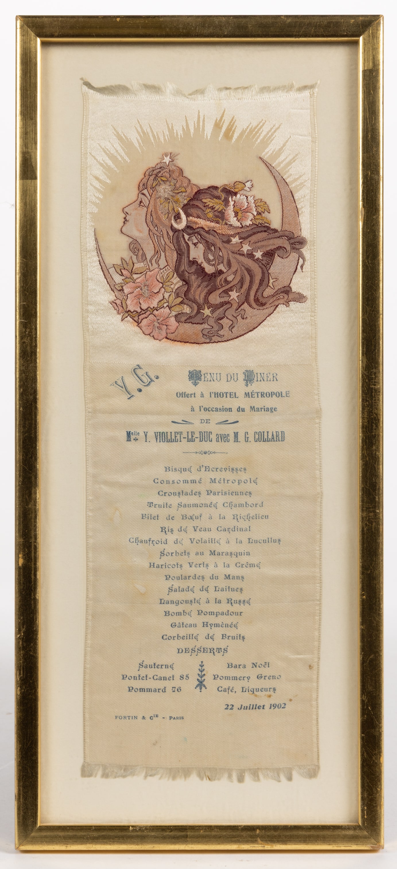 FRENCH ART NOUVEAU WEDDING MENU ON SILK: FRENCH ART NOUVEAU WEDDING MENU ON SILK, featuring a woven medallion of two ladies' heads in the style of Alphonse Mucha above the dinner menu at the Hotel Metropole in Brussels for the 