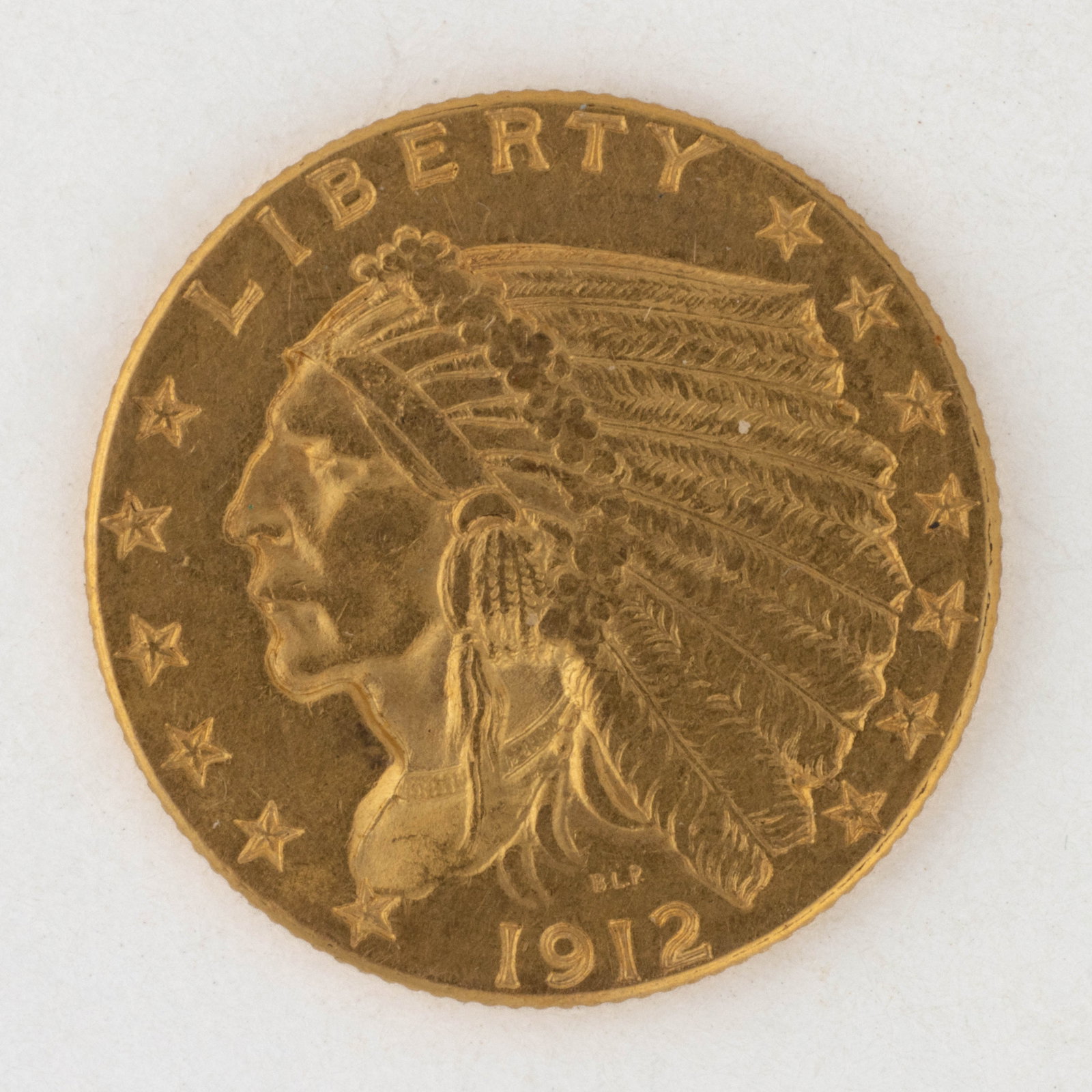 UNITED STATES 1912 INDIAN HEAD $2.5 GOLD COIN: UNITED STATES 1912 INDIAN HEAD $2.5 GOLD COIN. Provenance: From the collection of the late Carol H. Forrer, Northville, MI.