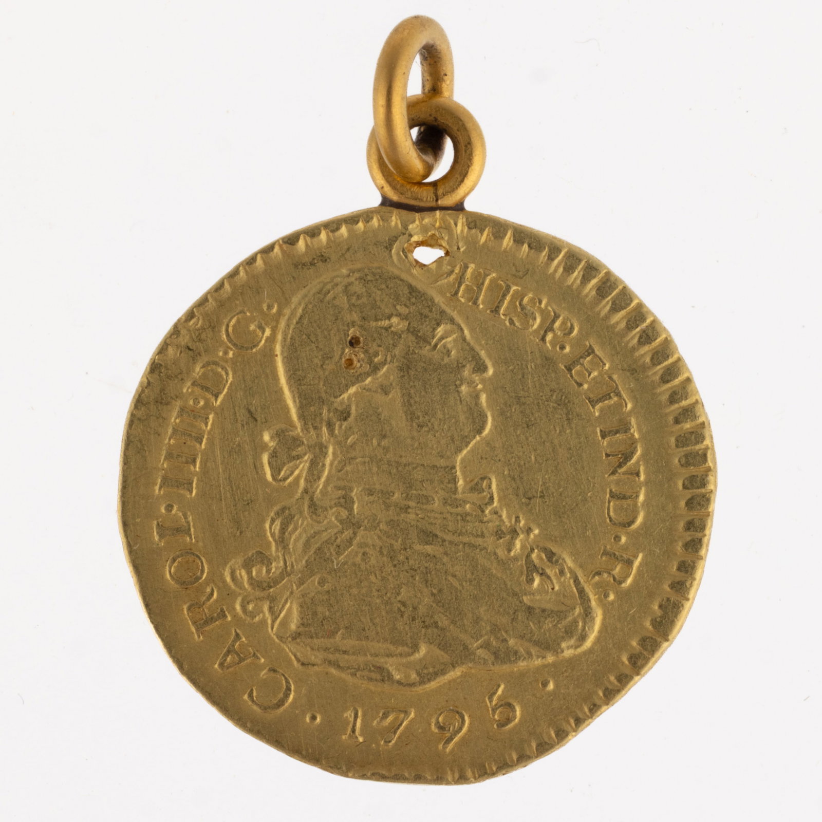 1795 SPANISH COLONIAL 1 ESCUDO GOLD COIN: 1795 SPANISH COLONIAL 1 ESCUDO GOLD COIN, depicting Charles IV, the reverse with mint mark P (Popayan, Colombia) and assayer's initials IF at lower center. 3.5 grams t/w with untested loop. 3