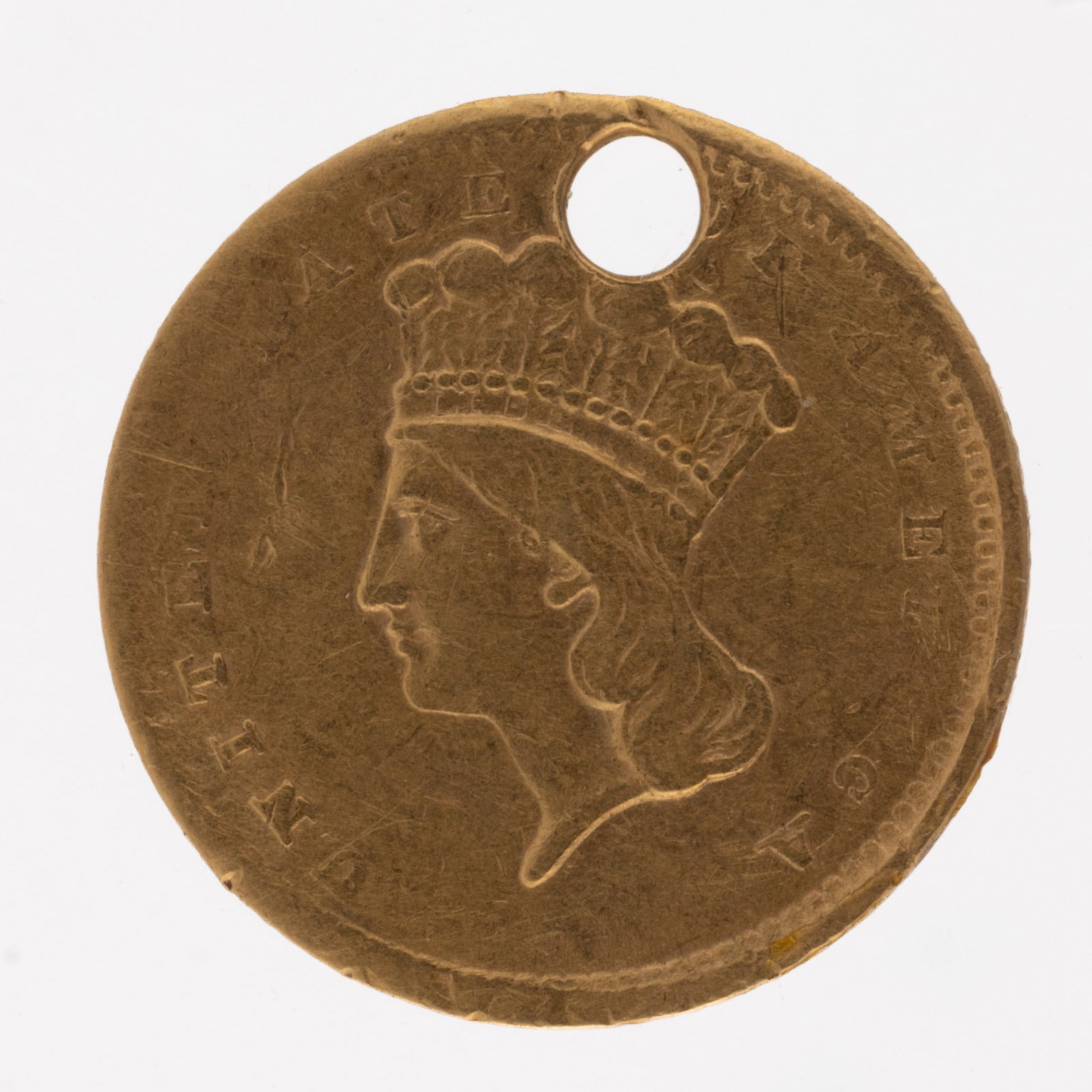 UNITED STATES 1856 $1 INDIAN PRINCESS GOLD COIN: UNITED STATES 1856 $1 INDIAN PRINCESS GOLD COIN, having drilled hole above headdress to wear as a pendant or charm. Total weight: 1.6 grams. Provenance: Deaccessioned by the Valentine Museum, Richmond